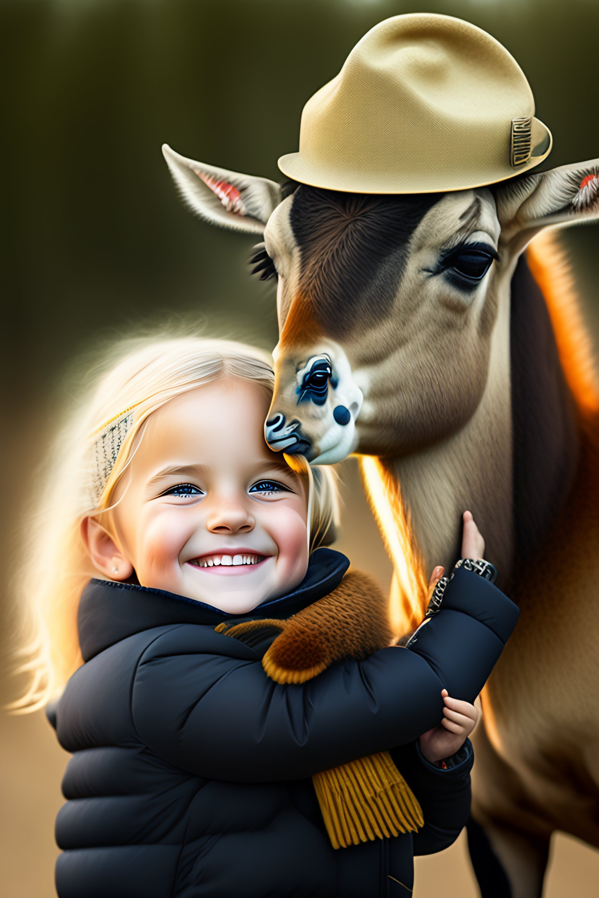 lexica-a-3-year-old-blonde-girl-with-a-hat-petting-a-cute-ibex