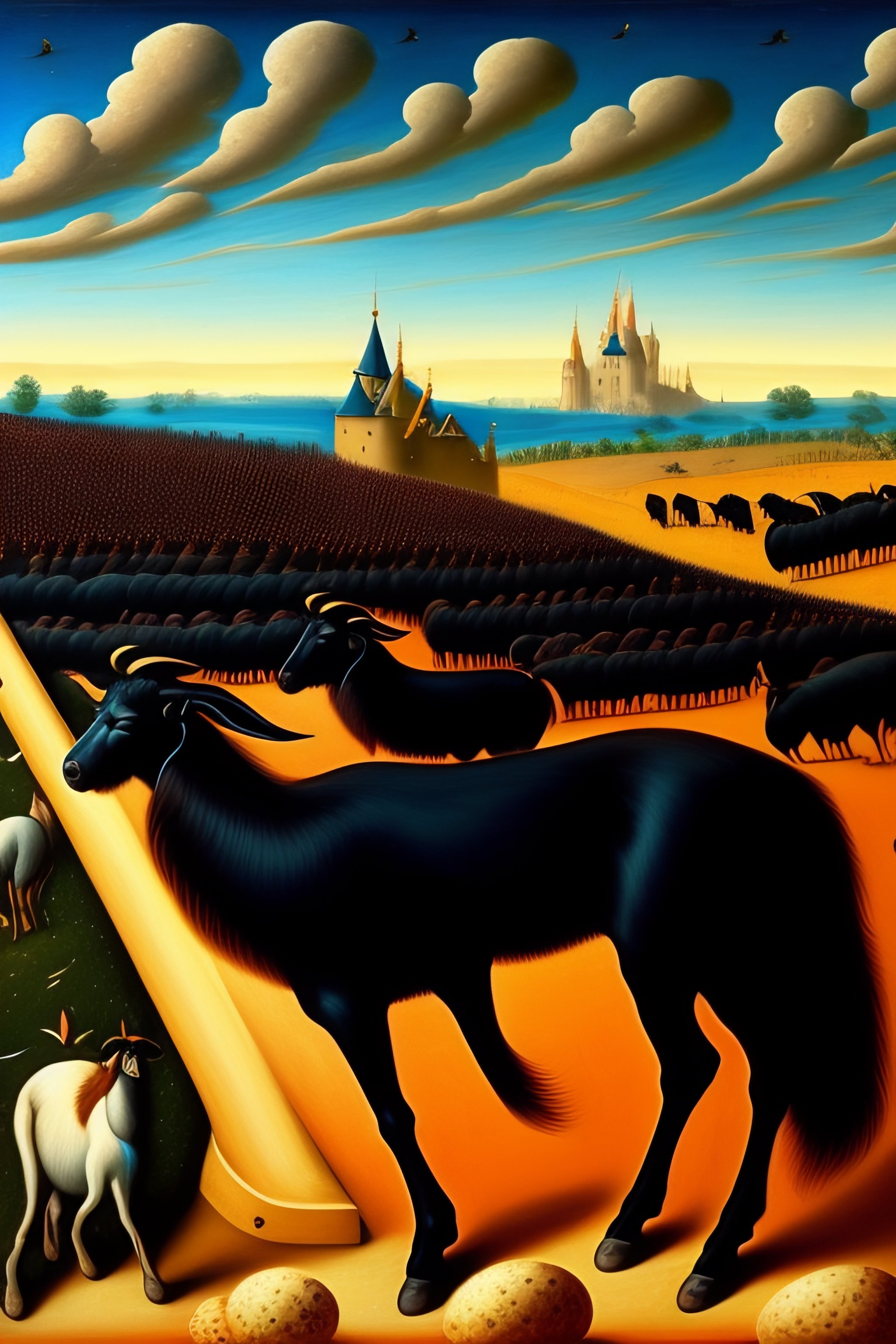 Lexica - Medieval painting of million of black goats floating in a ...