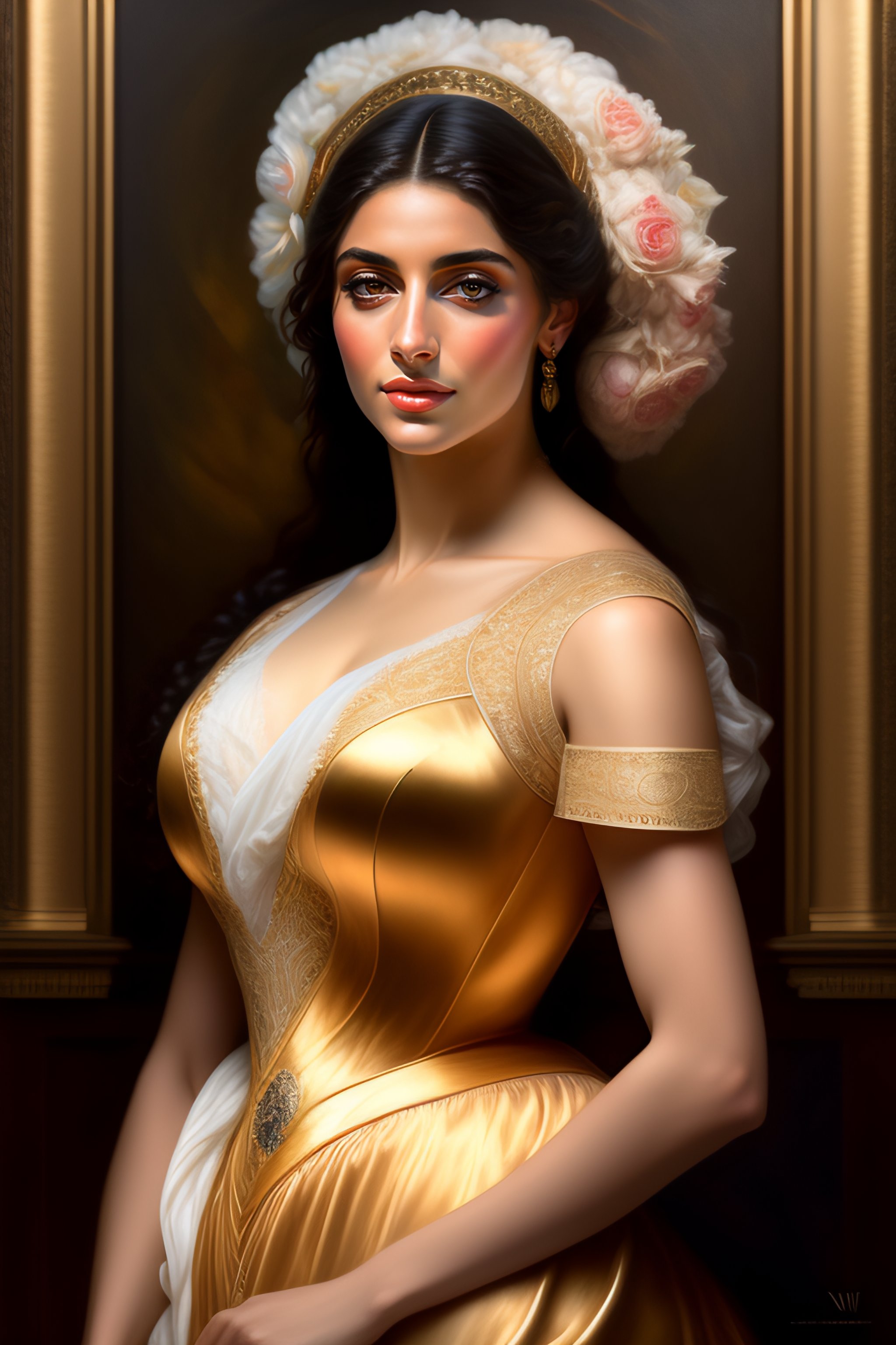 Lexica - Nyvi Estephan, realistic detailed, art nouveau dress, portrait,  Art William-Adolphe Bouguereau, proportional body, Tamron 24-70mm f/2.8,  hyp...