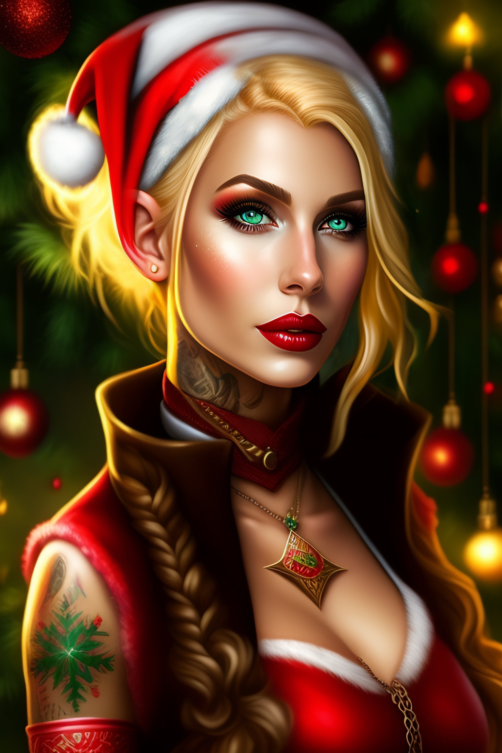 Lexica - Christmas elf, blonde hair, female, long pointy elf ears, tattooed  rebel, steam punk, painted style, santa, gingerbread