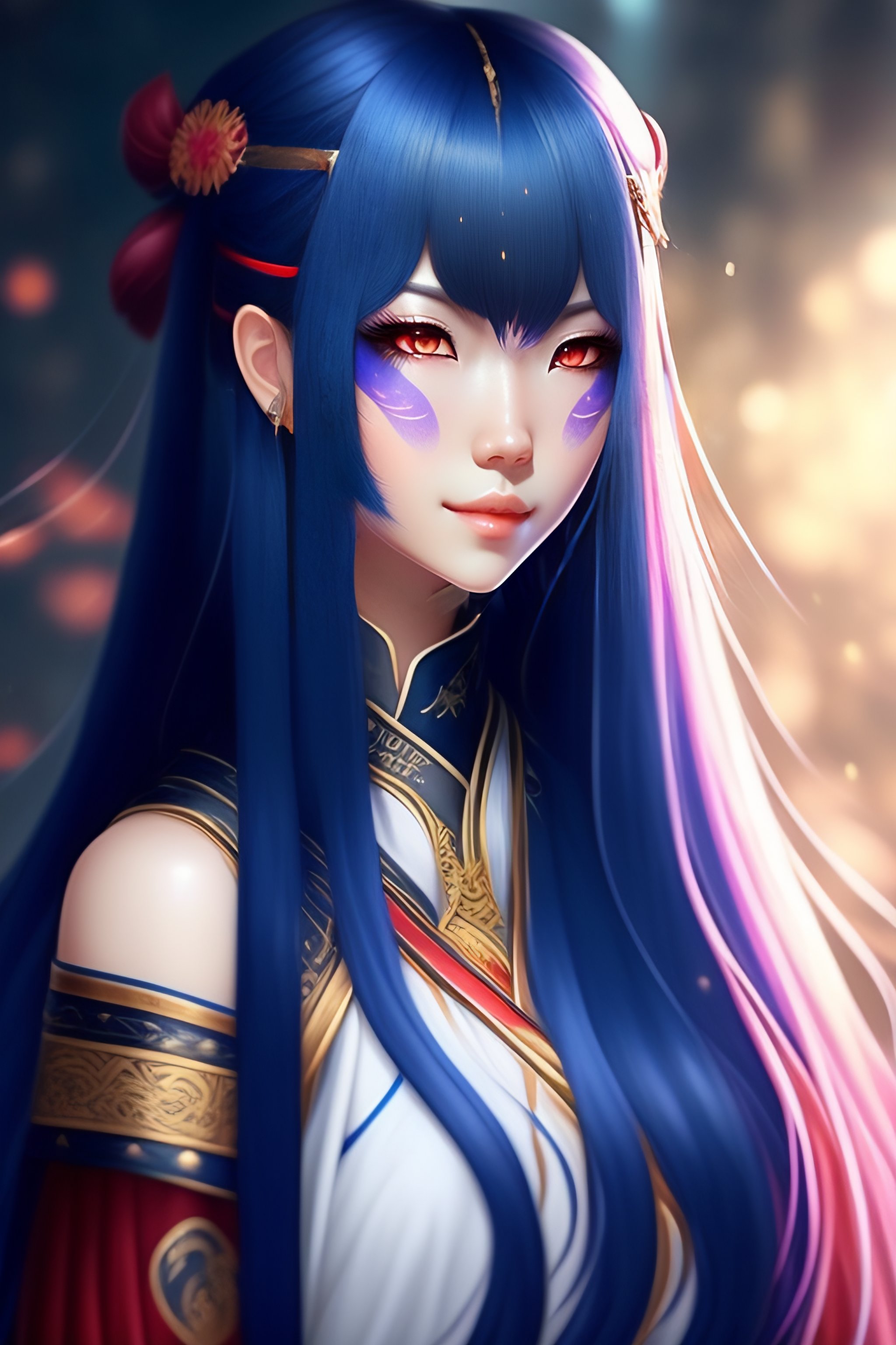 Lexica - Long blue hair, dressed as a Miko, crimson eyes with dark ...