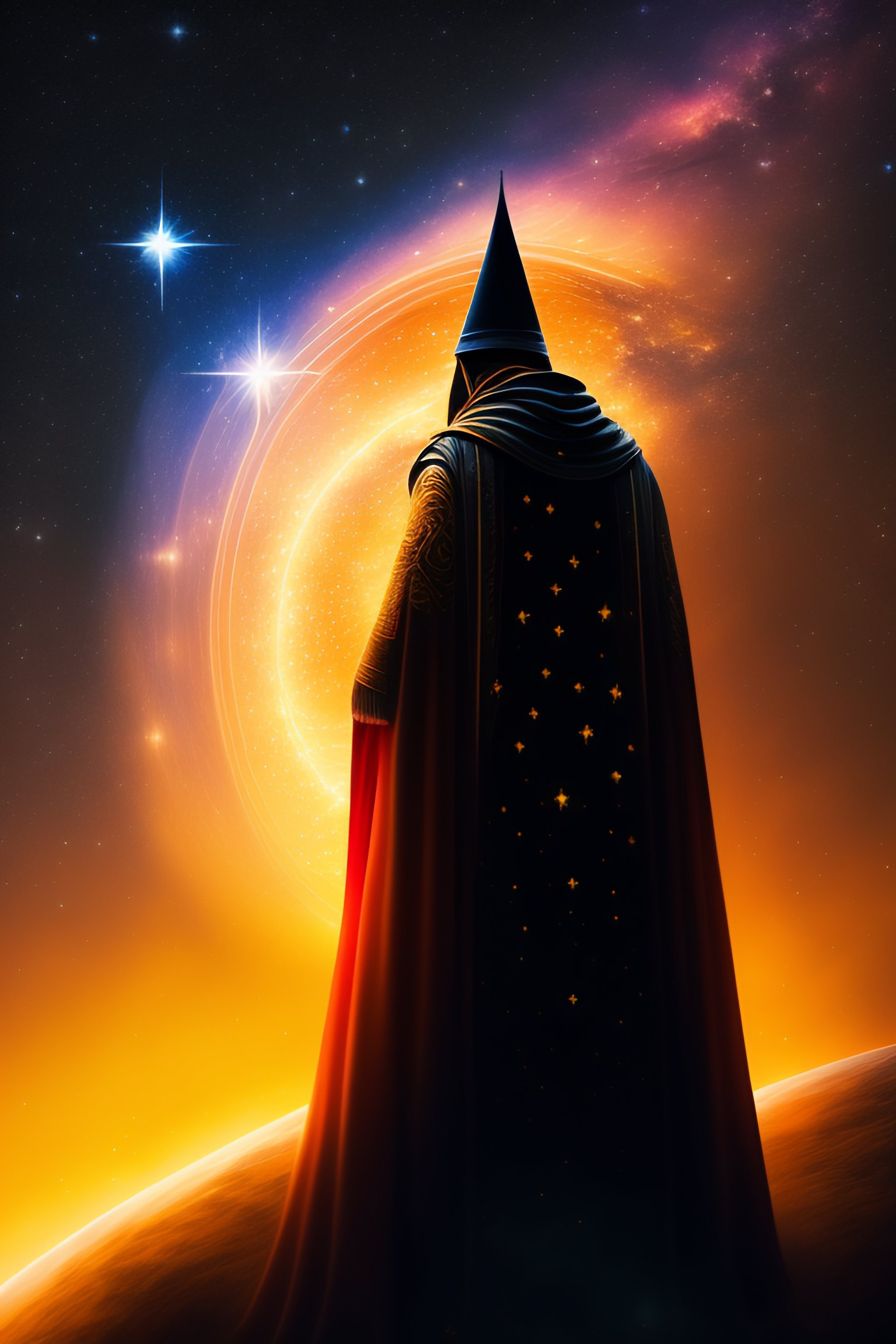 Lexica - Outline of a wizard on a background of stars and the rising sun.