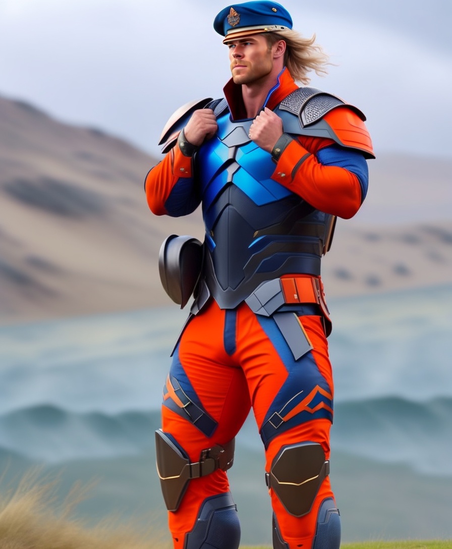 Lexica Chris Hemsworth, Orange army uniform, Armor, Blue lightning