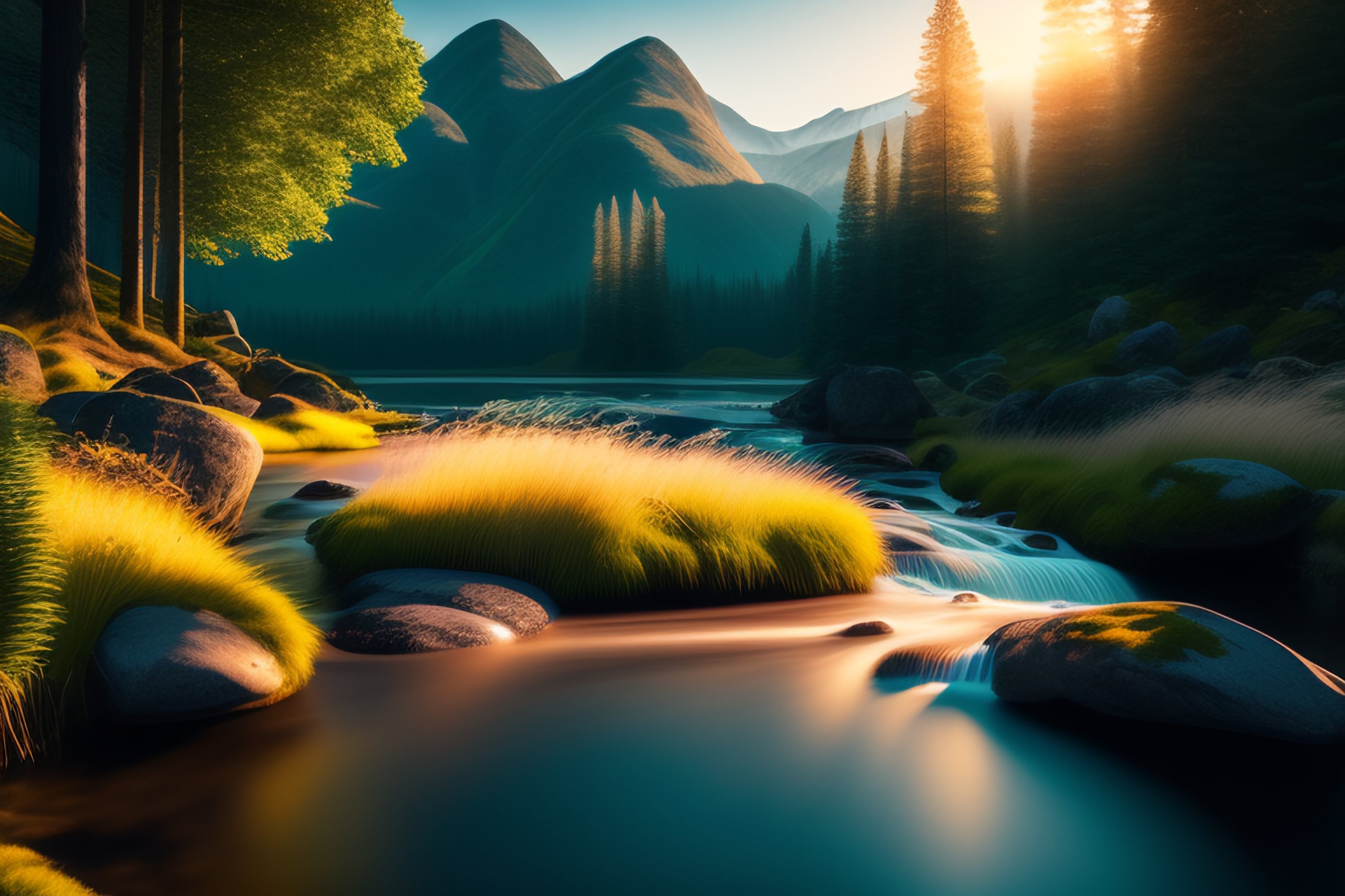 Lexica - Stream running through a mountain valley, hyper realistic, 4k ...