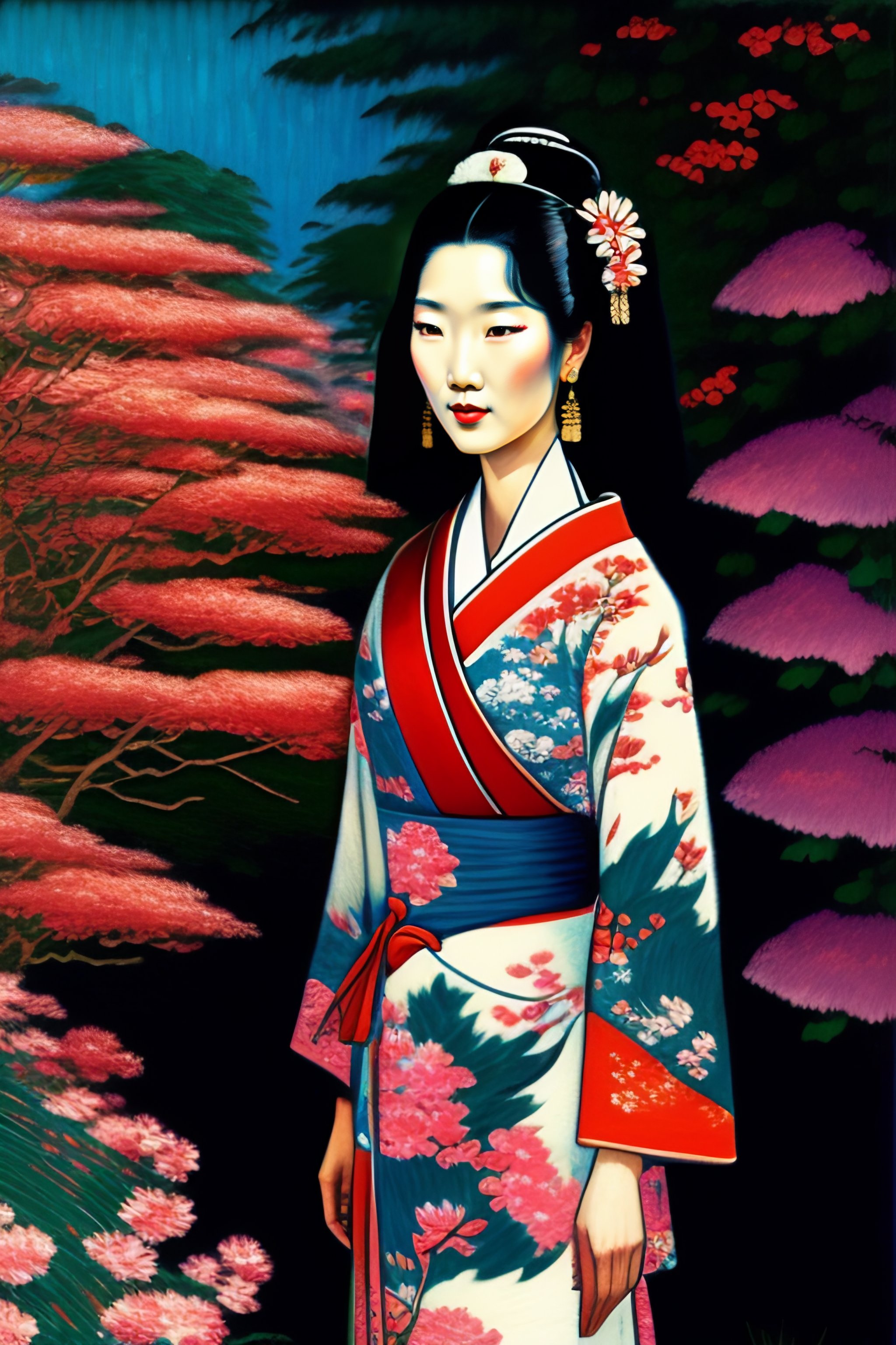 Lexica - Drawing of a geisha walking at sunset through a Japanese ...