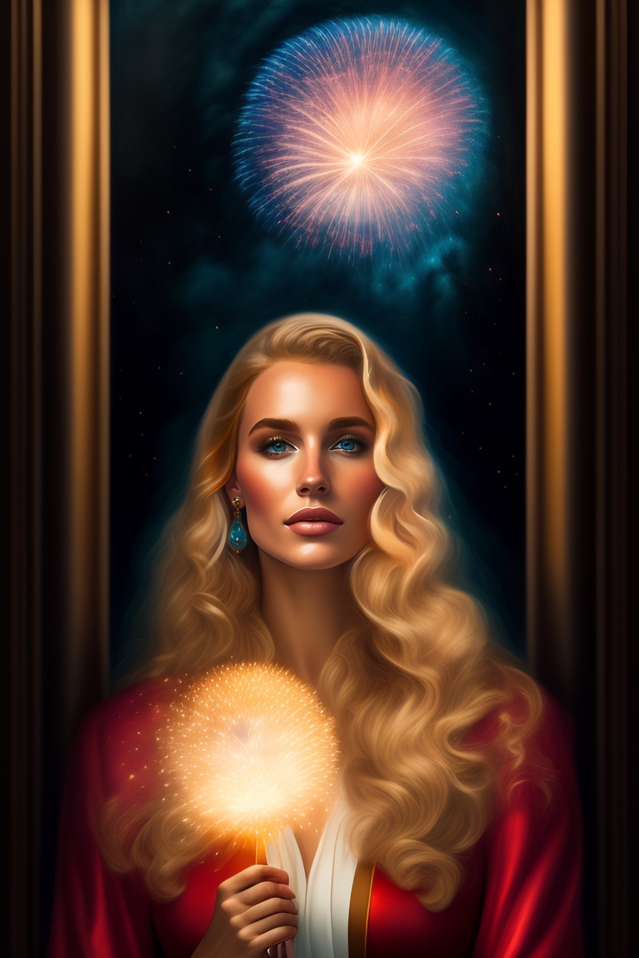 Lexica - Portrait of a woman in howarts, blonde hair, fireworks in the sky
