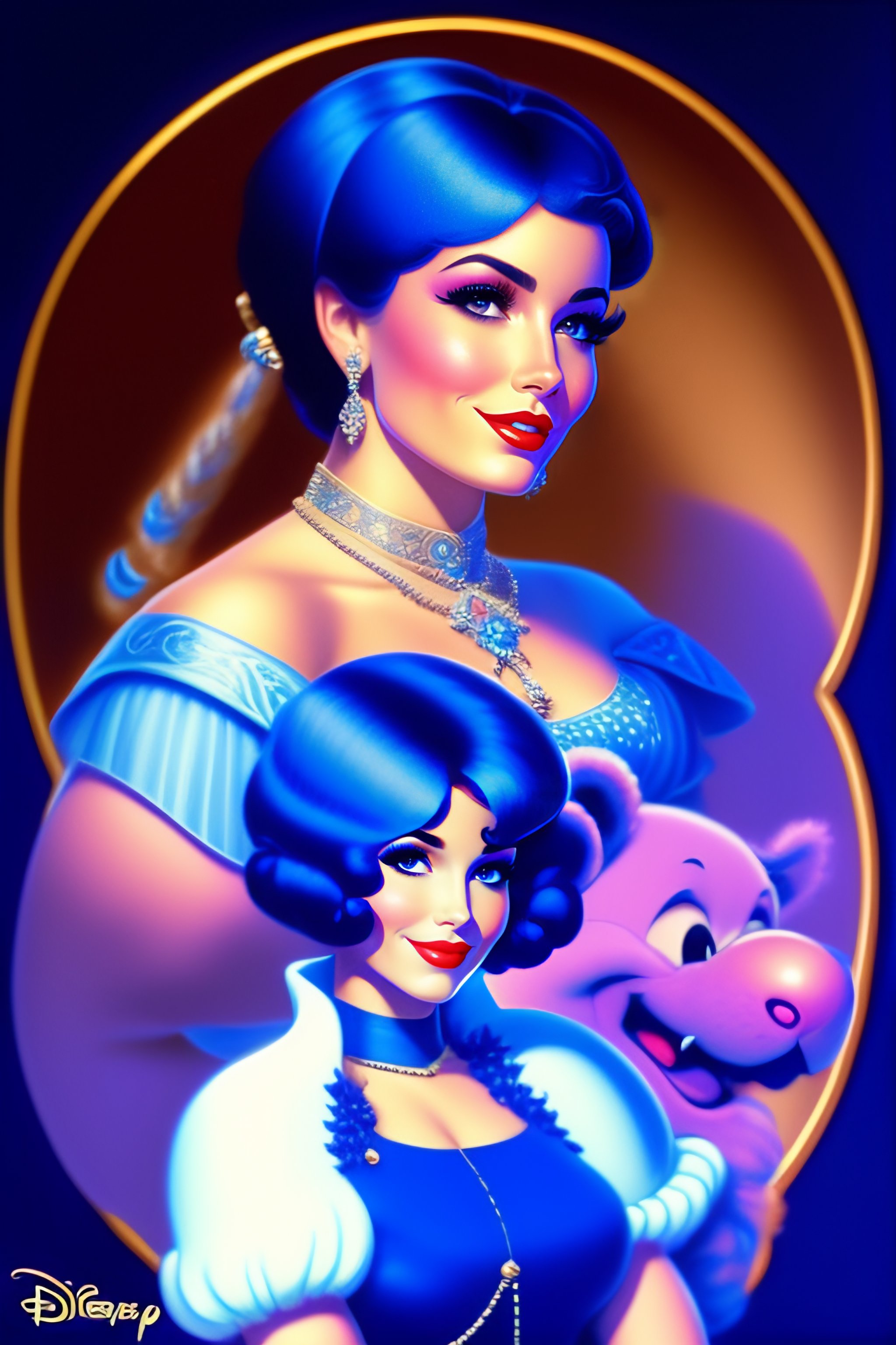 Lexica Disney drawing of a pretty woman with short blue hair singing, bears dancing
