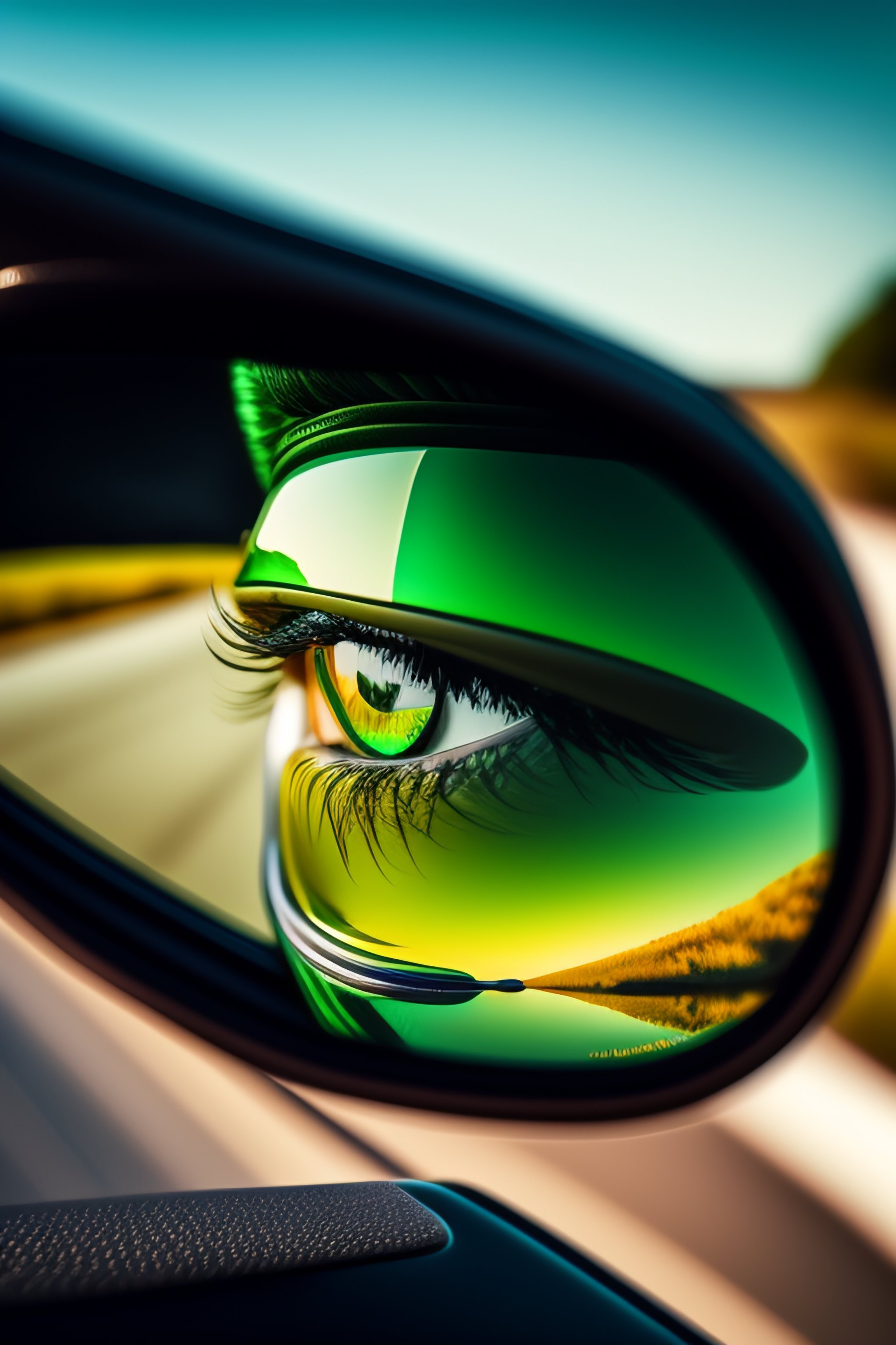 Lexica - Green eyes reflected in a rear view car mirror