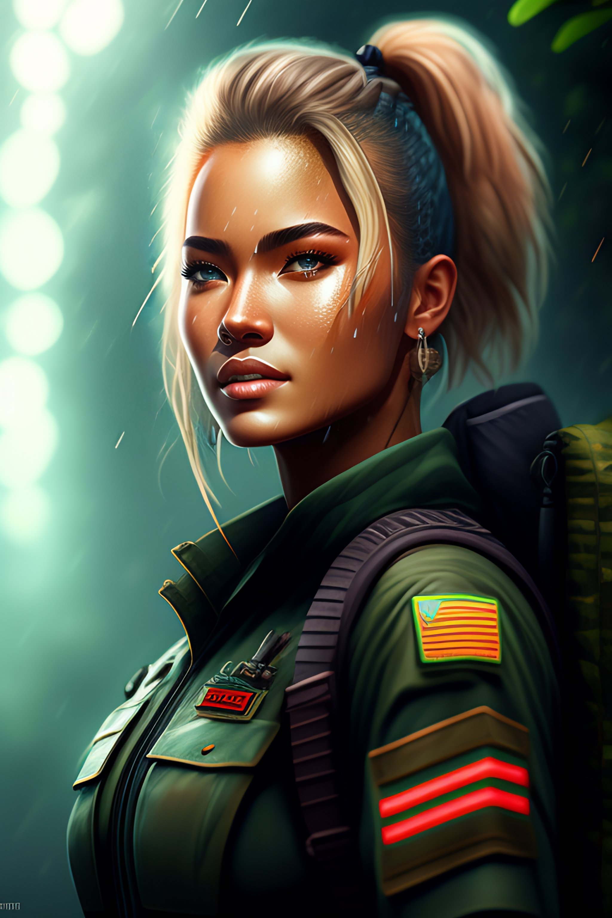 Lexica - Portrait of (emaciated:1.3) female jungle commando, (blonde:1. ...