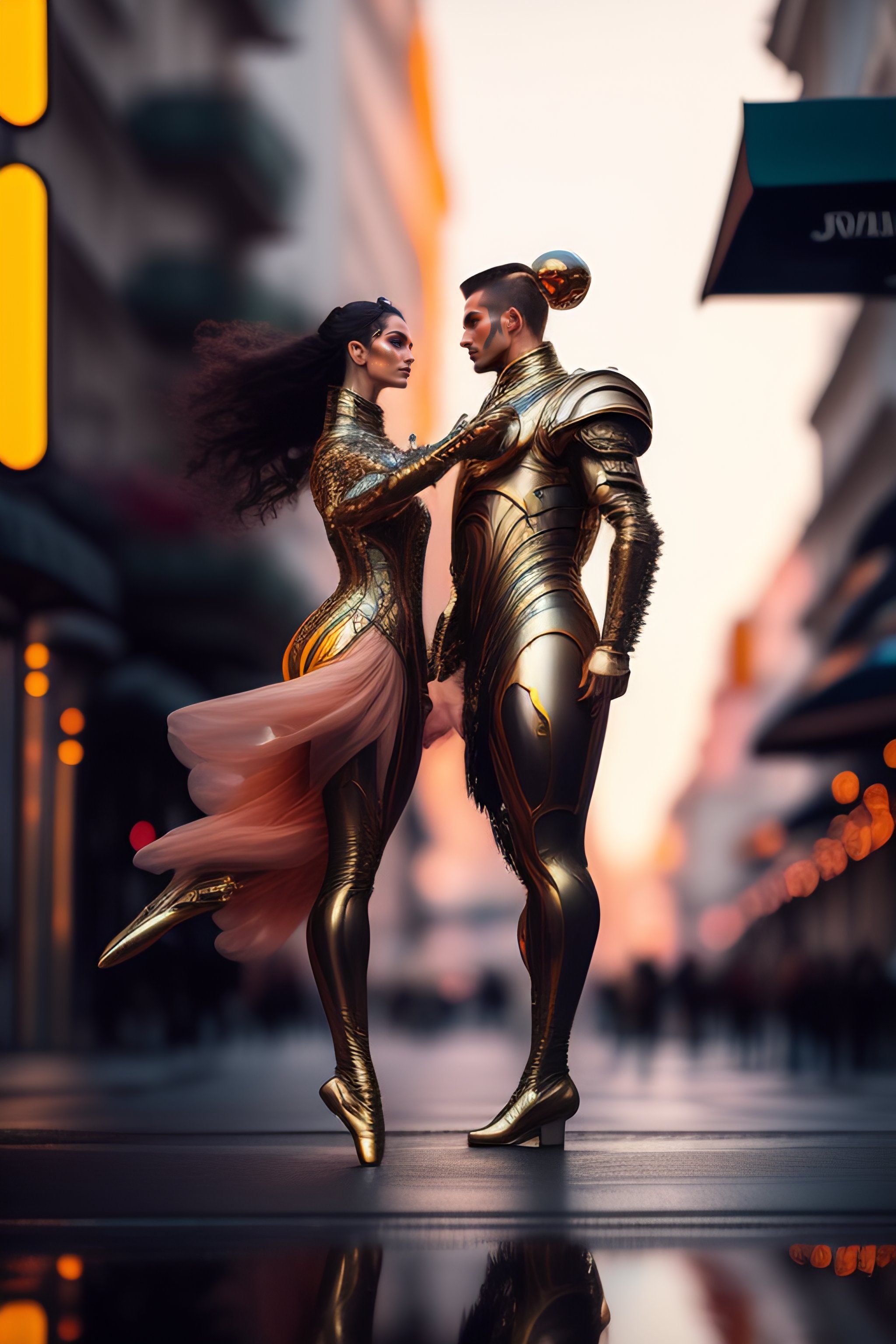Lexica - Two cyborg ballet dancers dancing in a futuristic street in ...