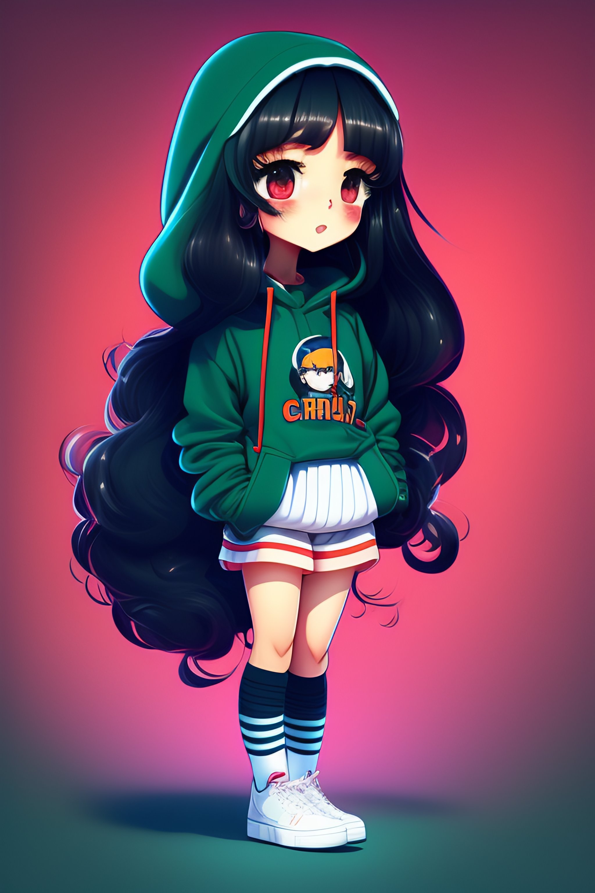 Lexica Chibi girl with long hair wearing oversized hoodie and thigh socks