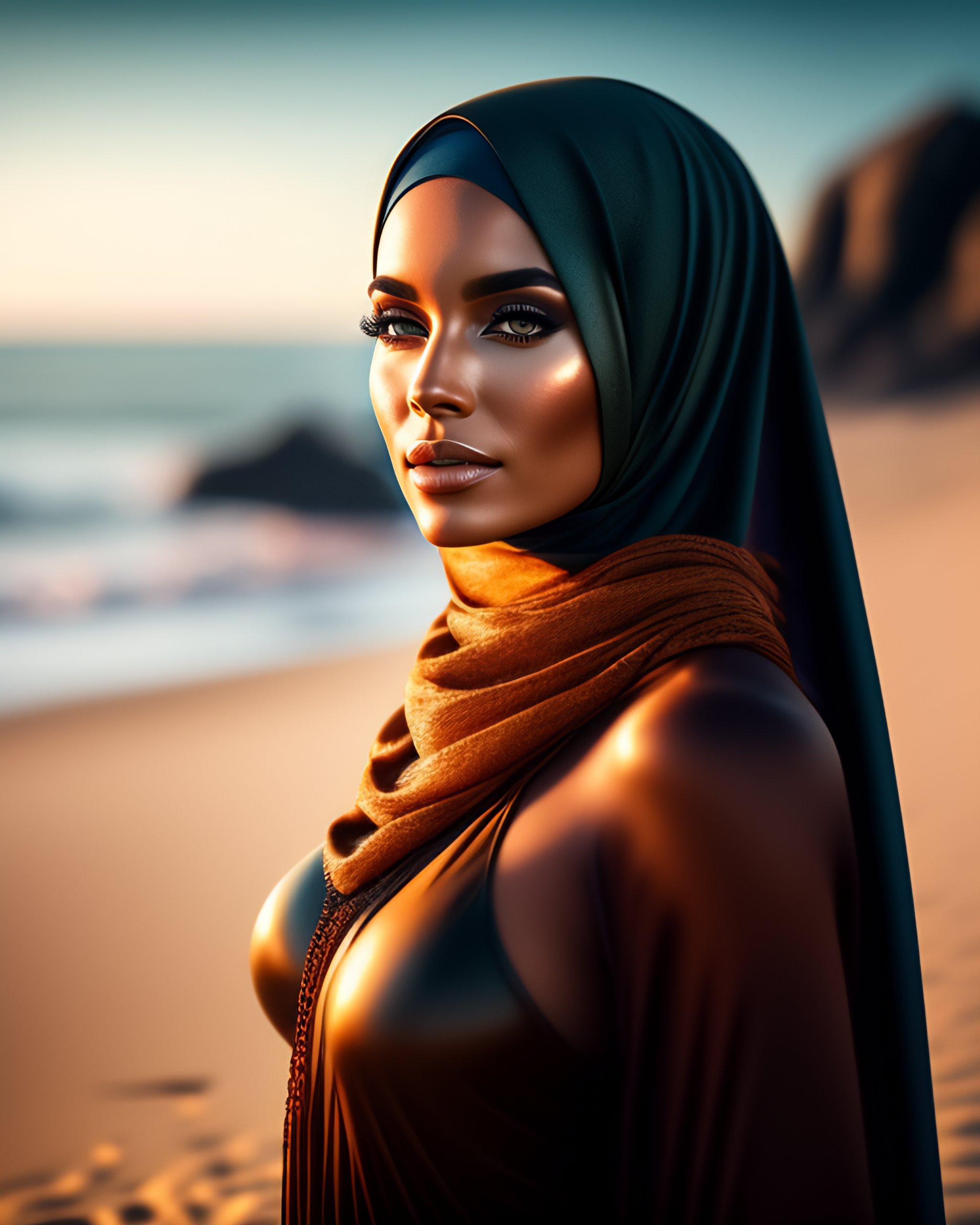 Lexica - A full body beautiful woman with wearing transparent bikini,  hijab, sunbathing on the sun lounger her husband, realistic, cinematic, 8k,  d 
