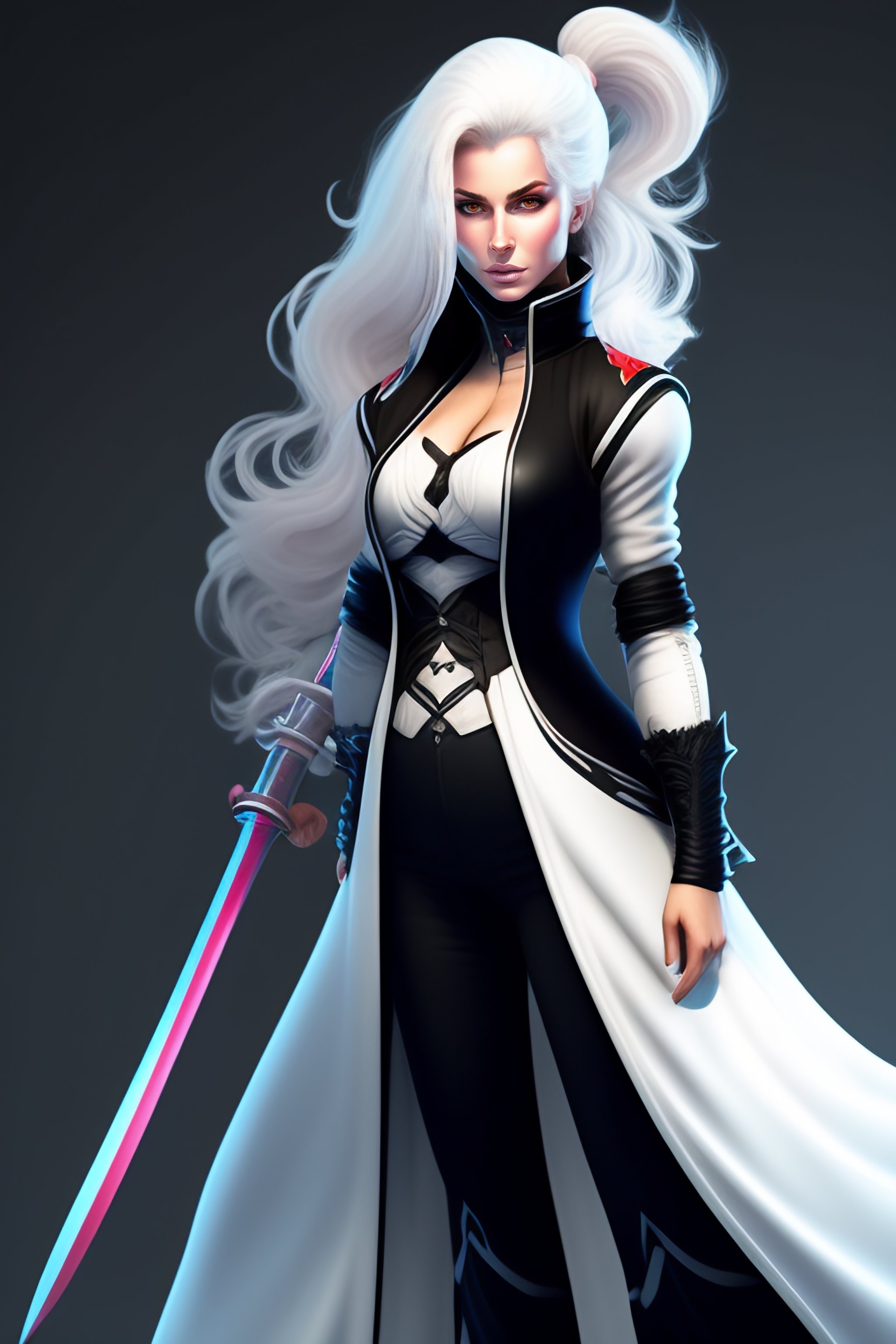 Lexica - Full body portrait of female swordsman, long white hair, black ...