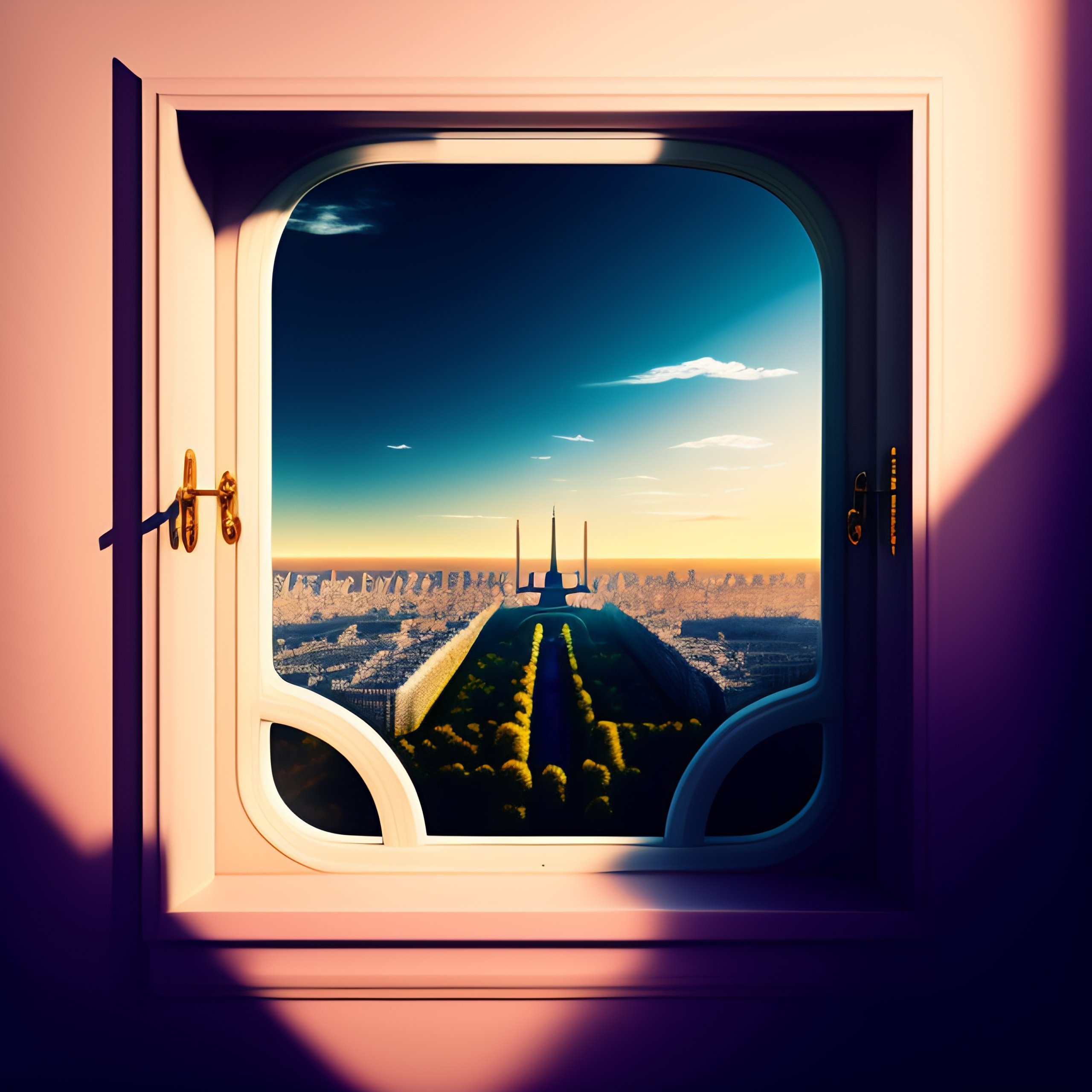 Lexica - Illutration of a view from a window seat, Eiffel tower outside
