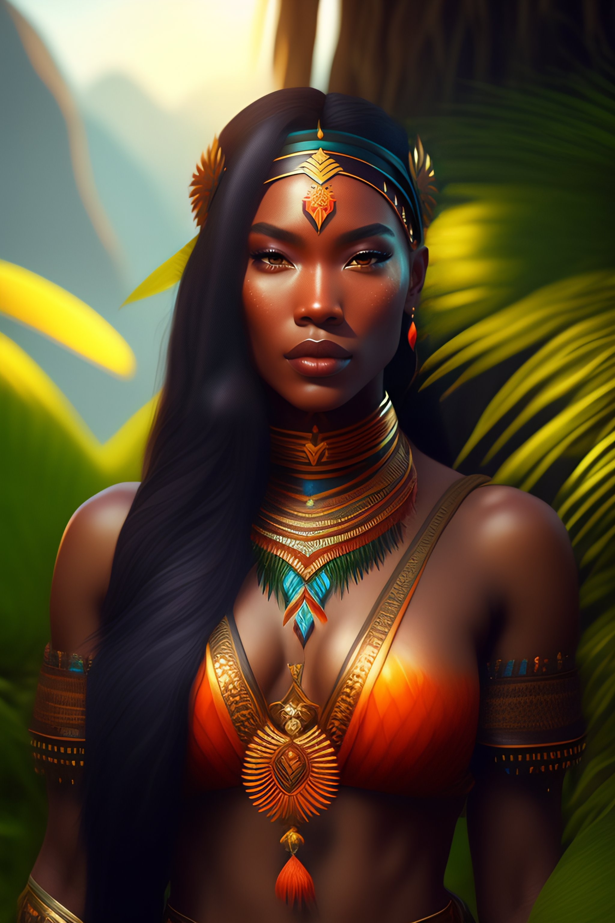 a female tribal warrior in the jungle, african. By