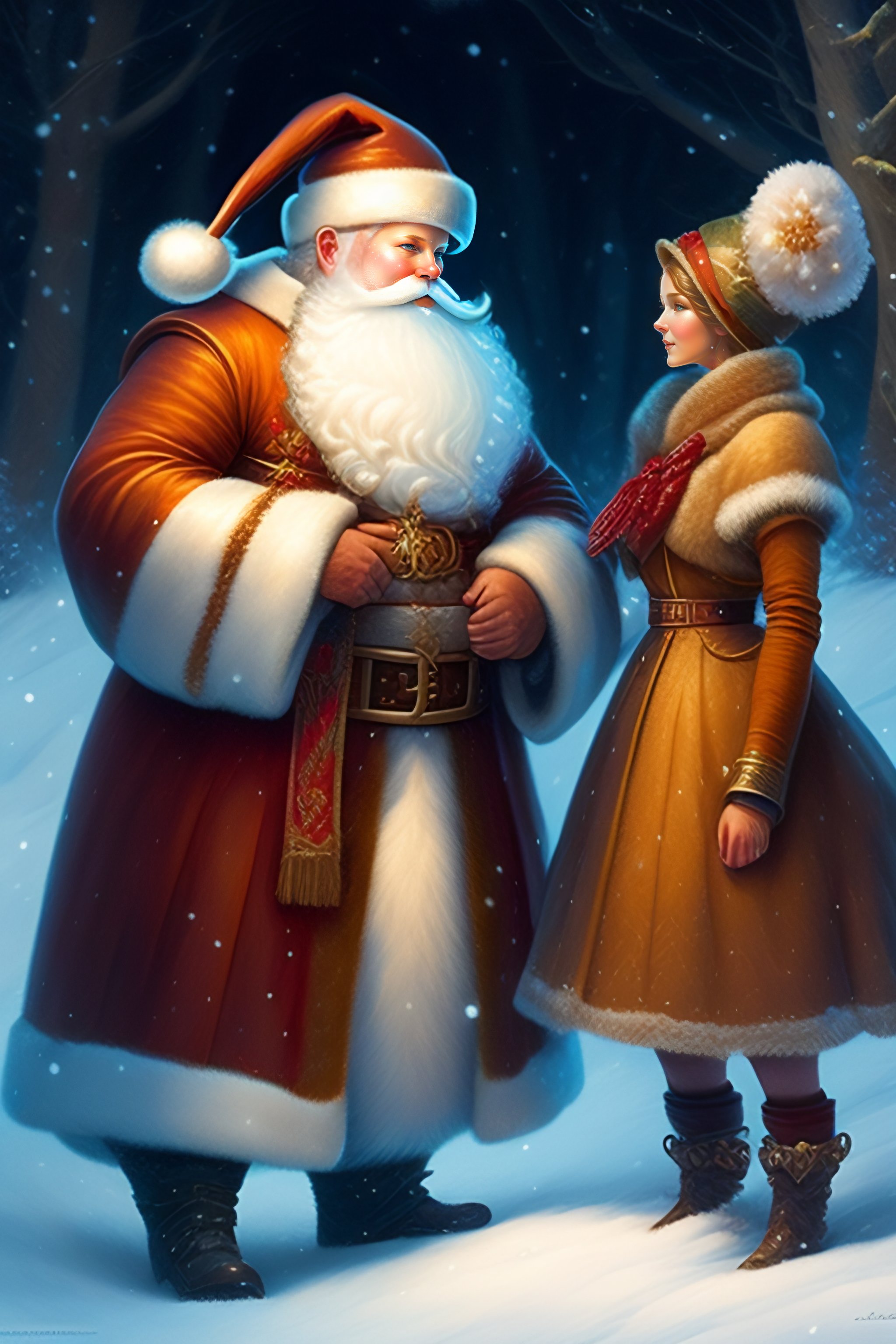 Lexica - New year's card, santa claus and snow maiden, hare, by justin ...