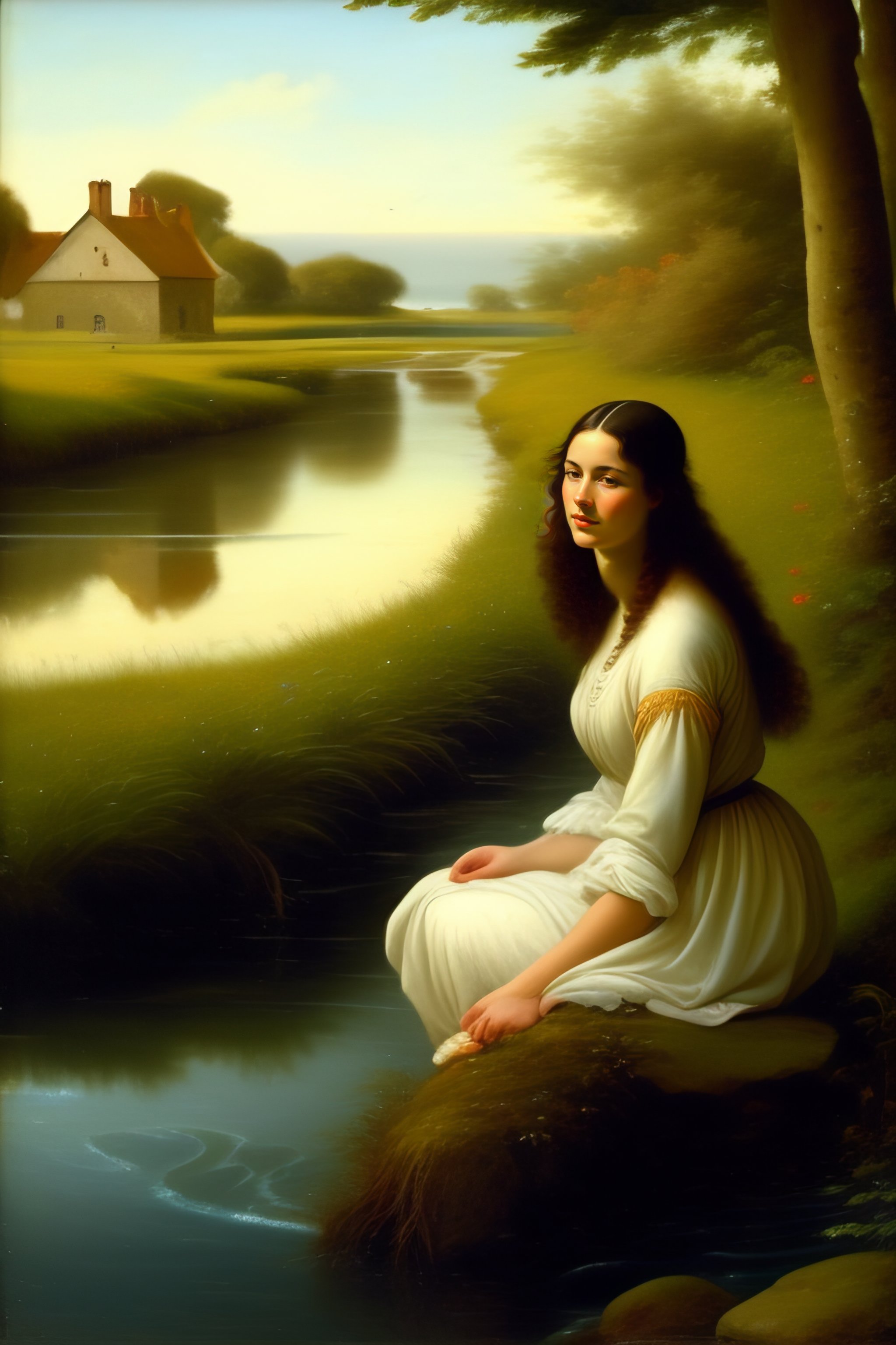 Lexica - A young woman facing the objective, with her feet in the water ...