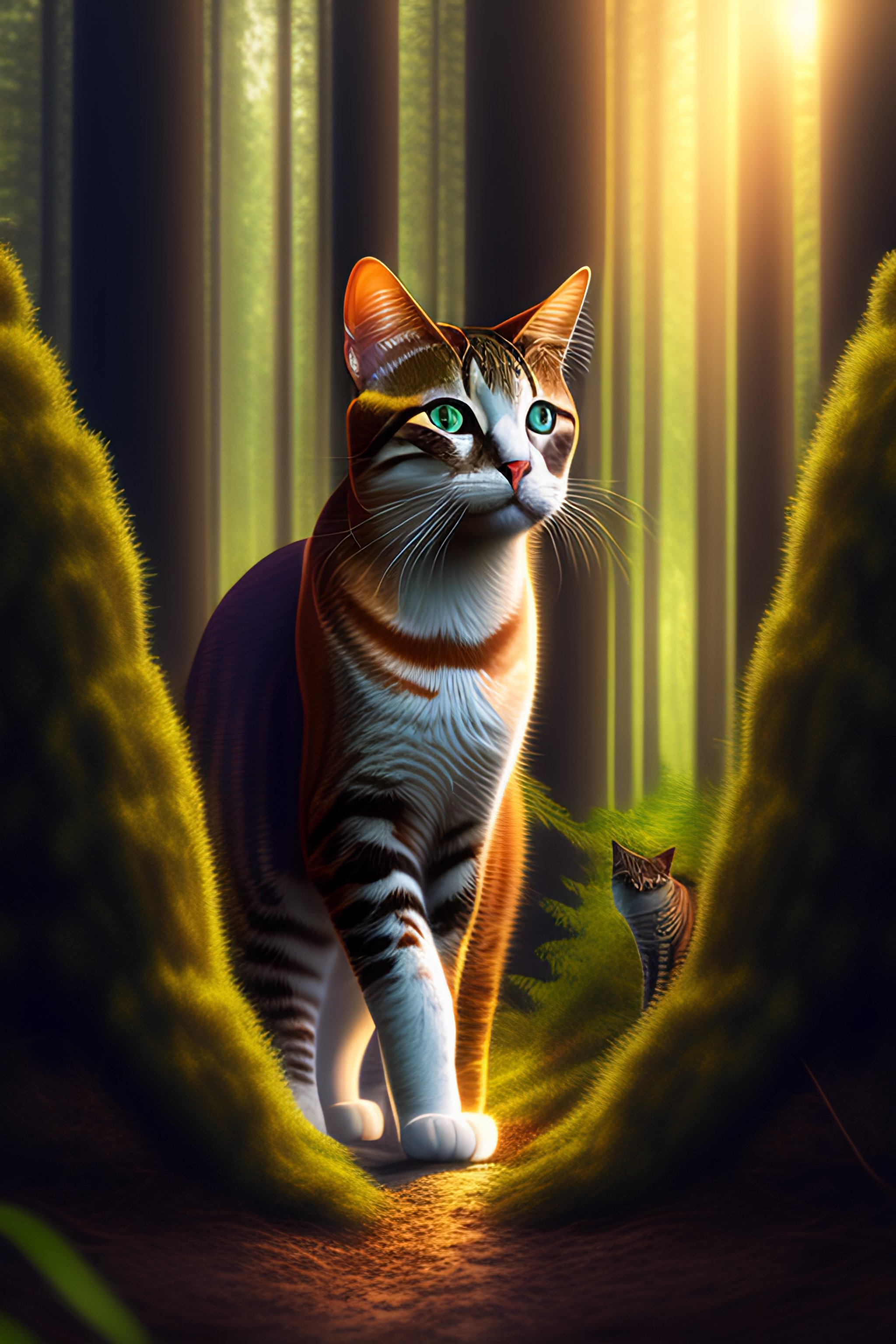 Lexica - Cat in the forest, frontlighting, digital art,group of cats ...