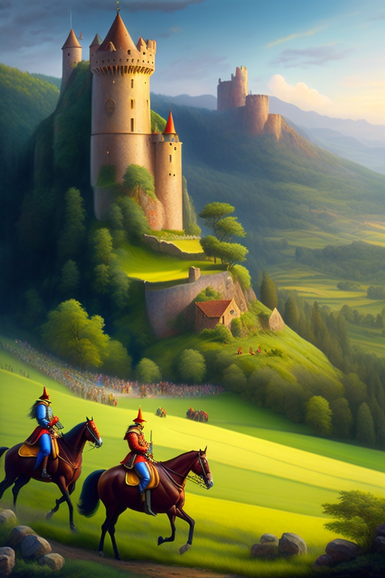 Lexica - A vast medieval castle rising from a verdant hill. Around it ...
