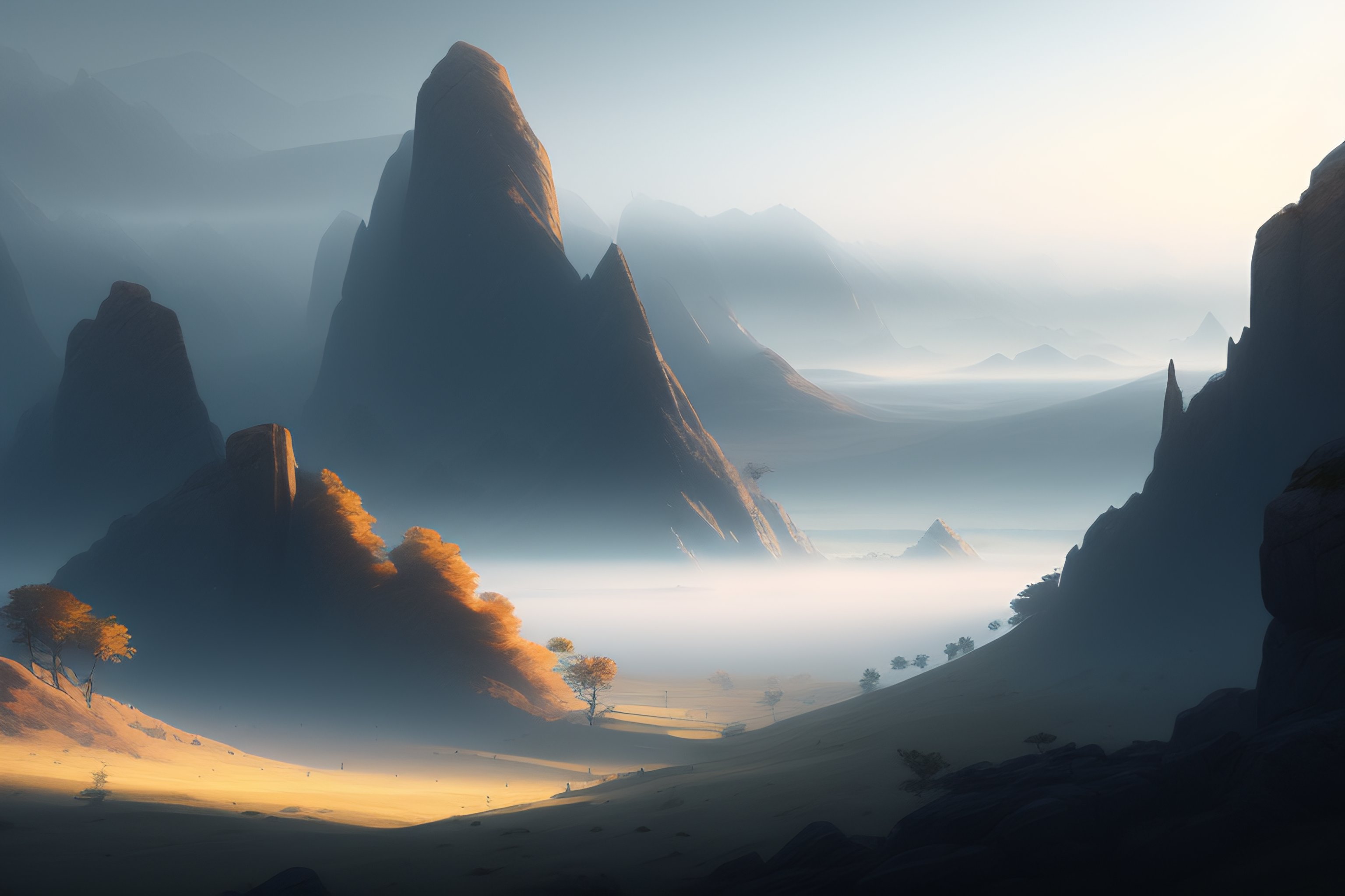 Lexica - Avalon landscape, fog, dramatic lighting, illustration by Greg ...