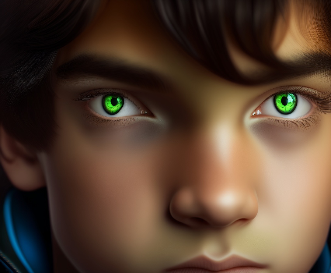 Lexica - A close-up portrait of a teenage boy with piercing green eyes ...