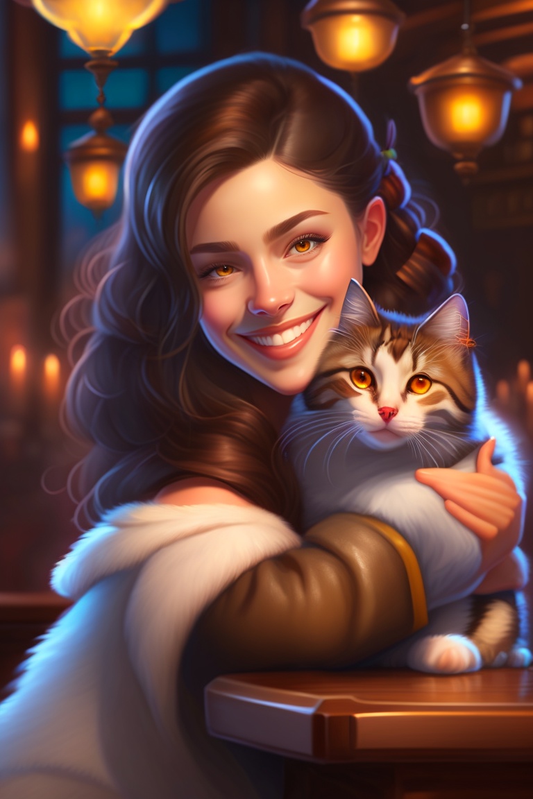 Lexica - A detailed portrait of a cute brunette girl hugging a tabby ...