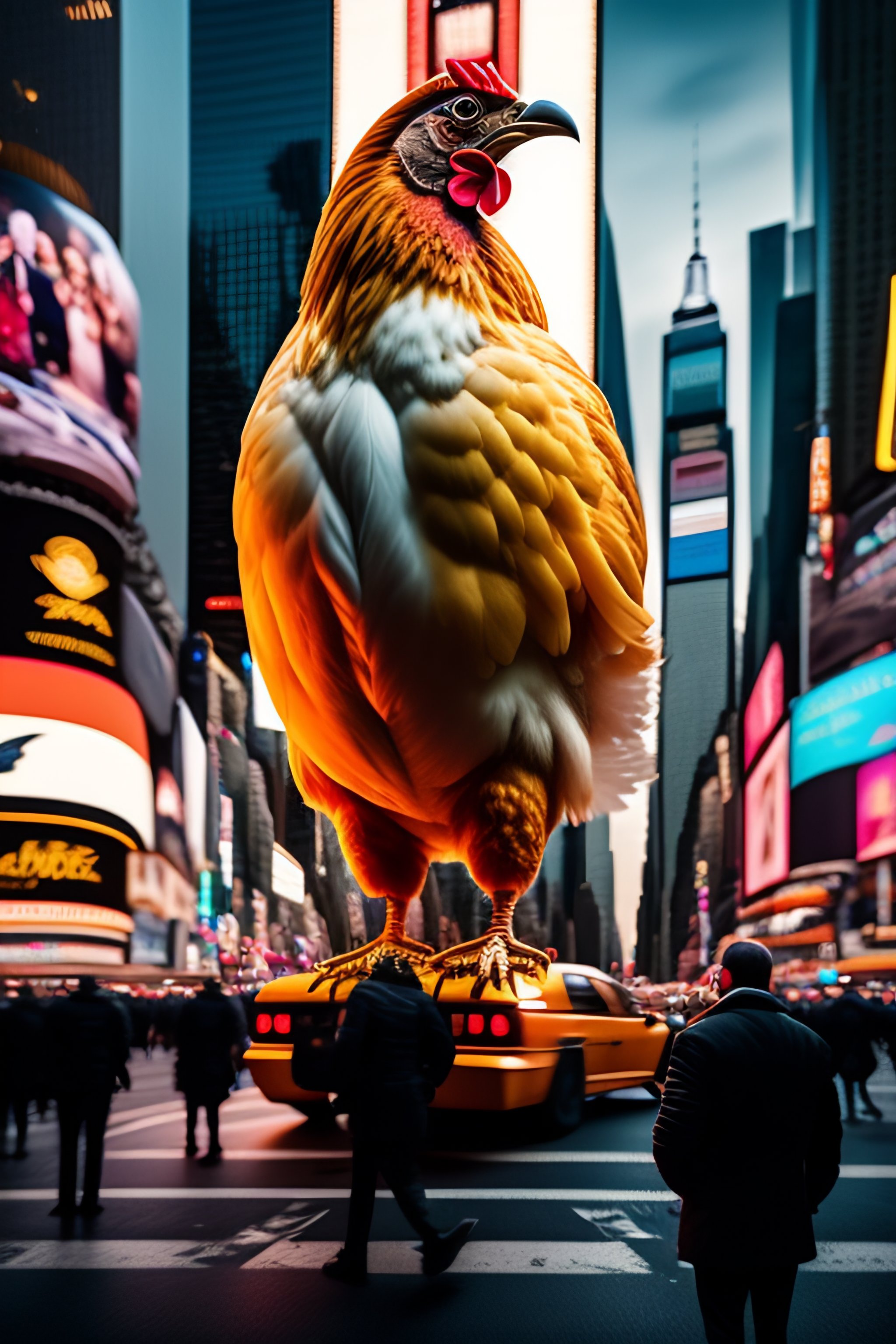 Lexica - A 100ft Tall Chicken Standing In The Middle Of Times Square 