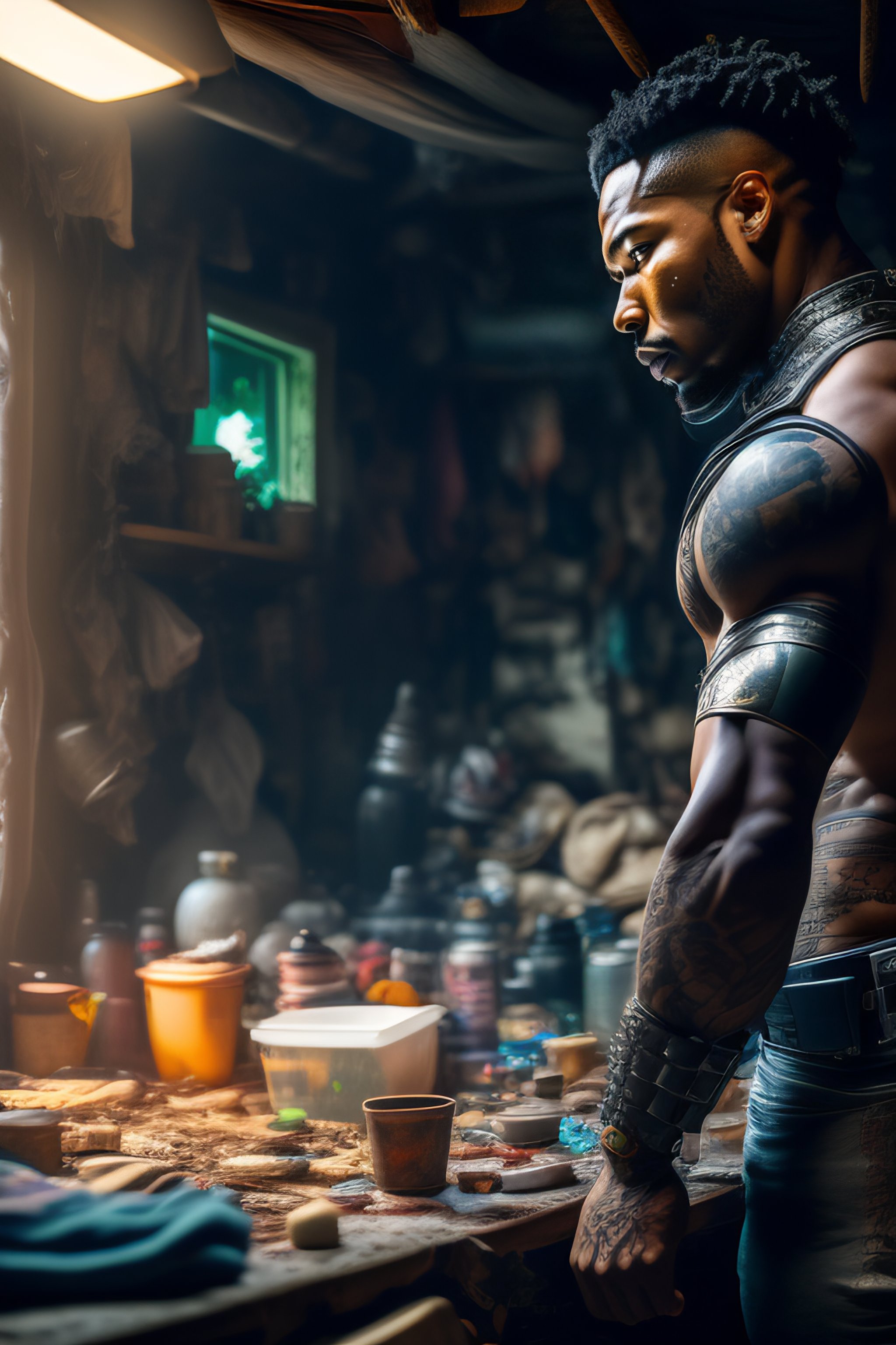 Lexica - Wide angle Environmental shot of Cyborg in a cluttered and ...