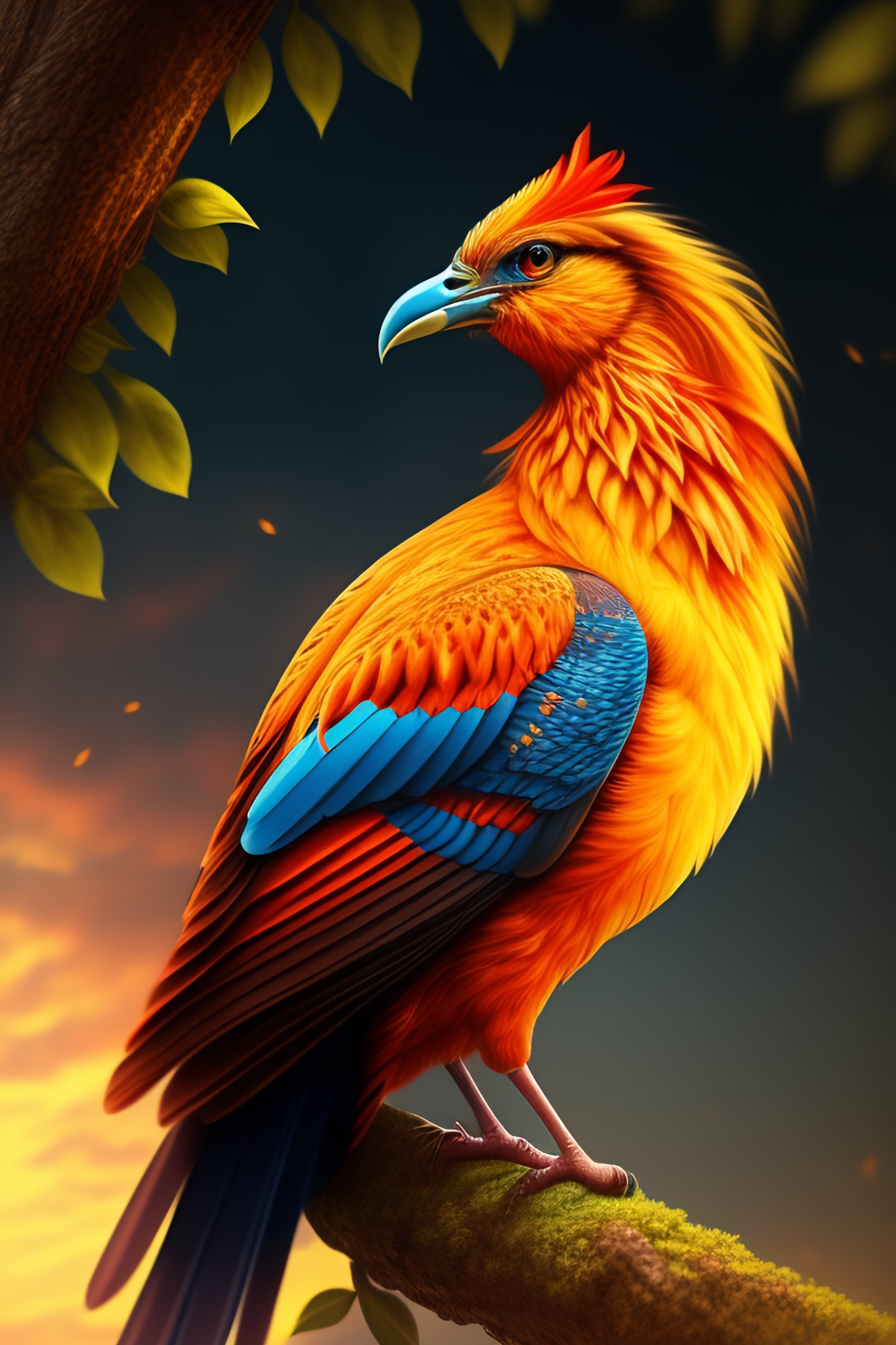 Lexica - Landscape, on it a woman in the form of a phoenix bird, sitting on  a tree branch, realistic feathers,