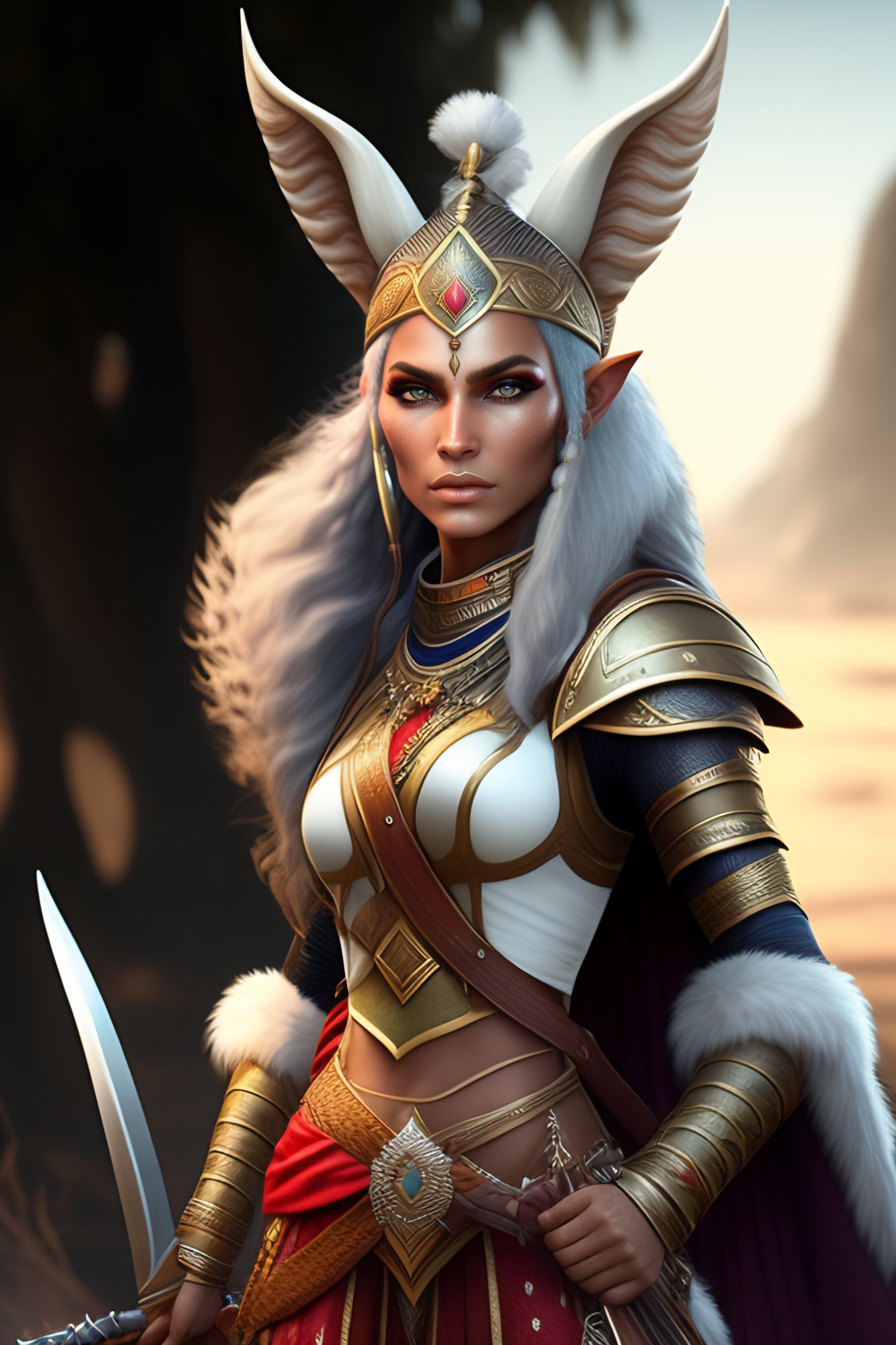 Lexica - A female elf warrior with cream colored fur holding a kukri