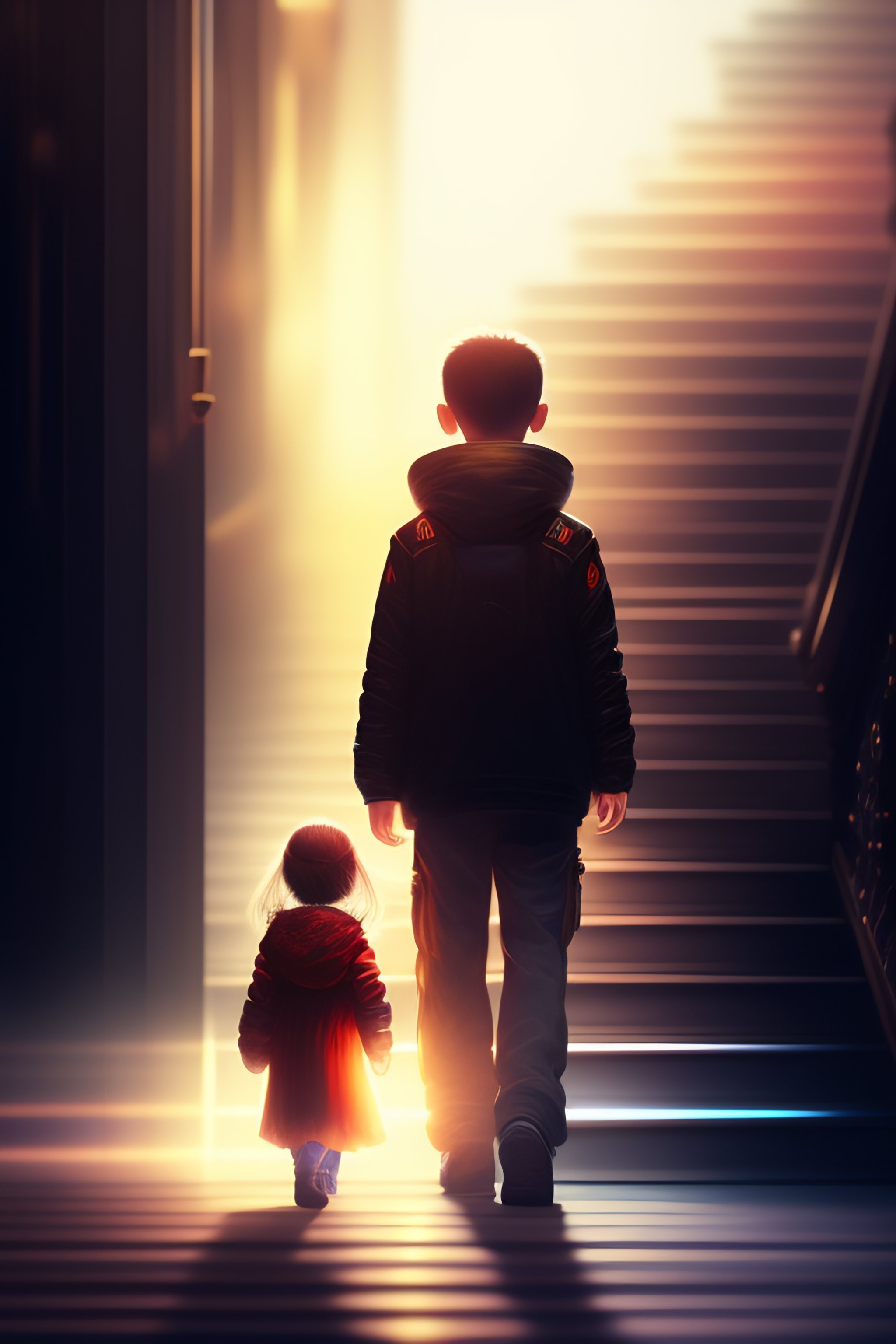 Lexica - A painting of two children with glowing eyes walking down a ...