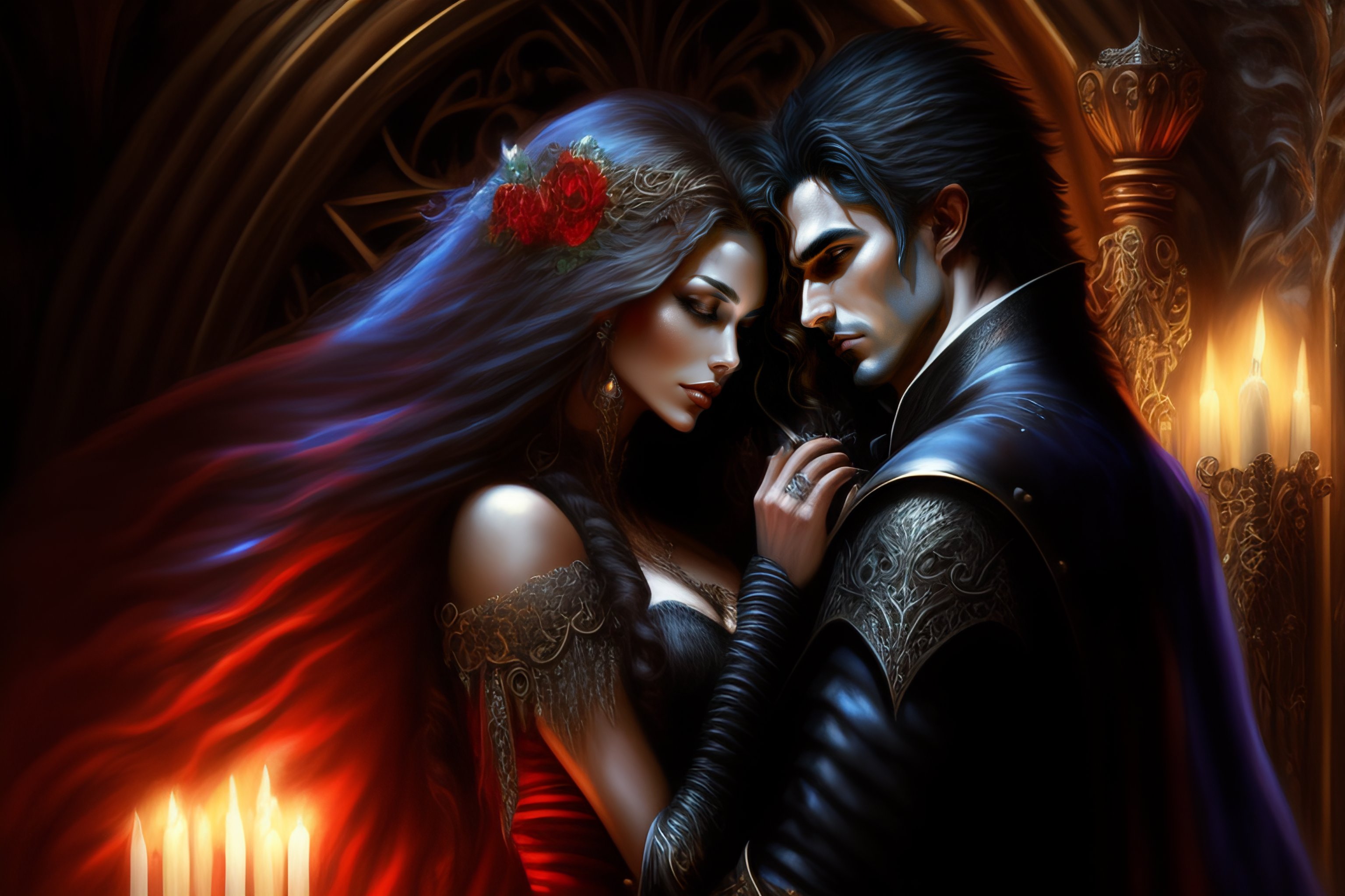 Lexica - , a vampire couple hugs kiss,, in castle gothic room, lusi ...