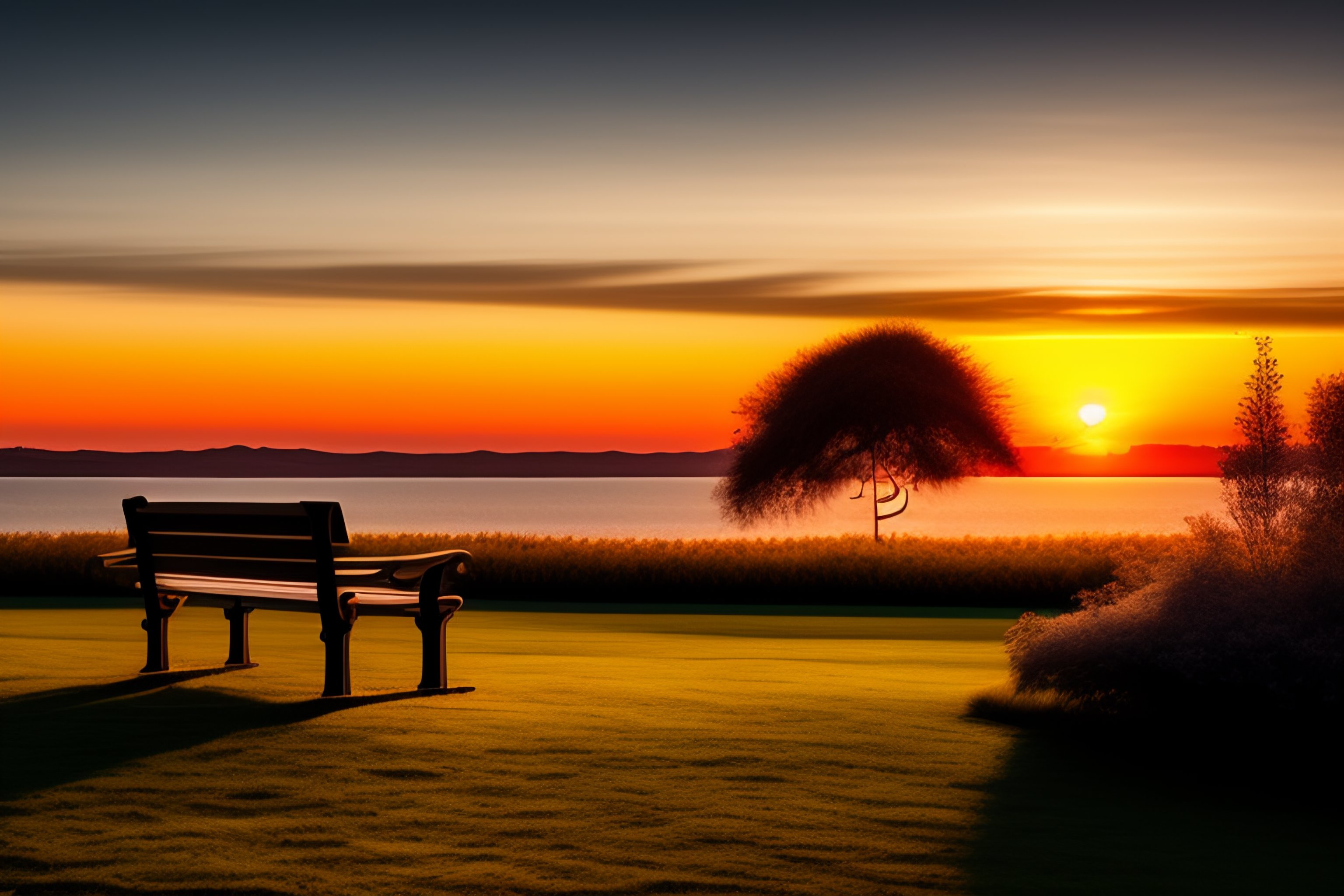 Lexica - Peaceful bench a beautiful landscape in front of it at sunset ...