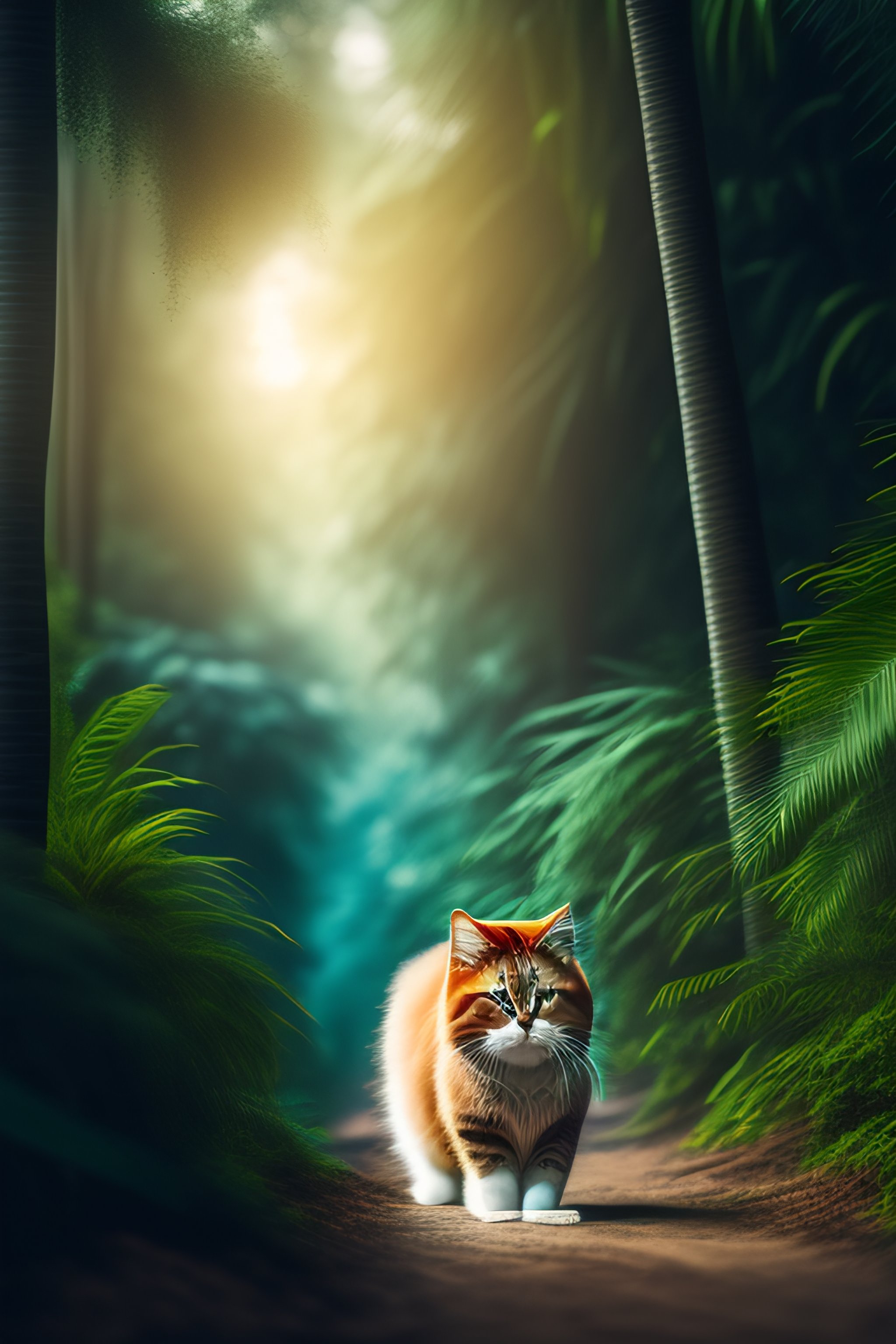 lexica-a-fluffy-cat-walking-happily-in-the-jungle