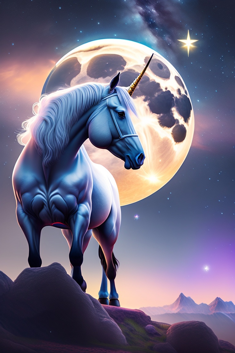 Lexica - A white unicorn on a mountain, with a starry sky and a full ...