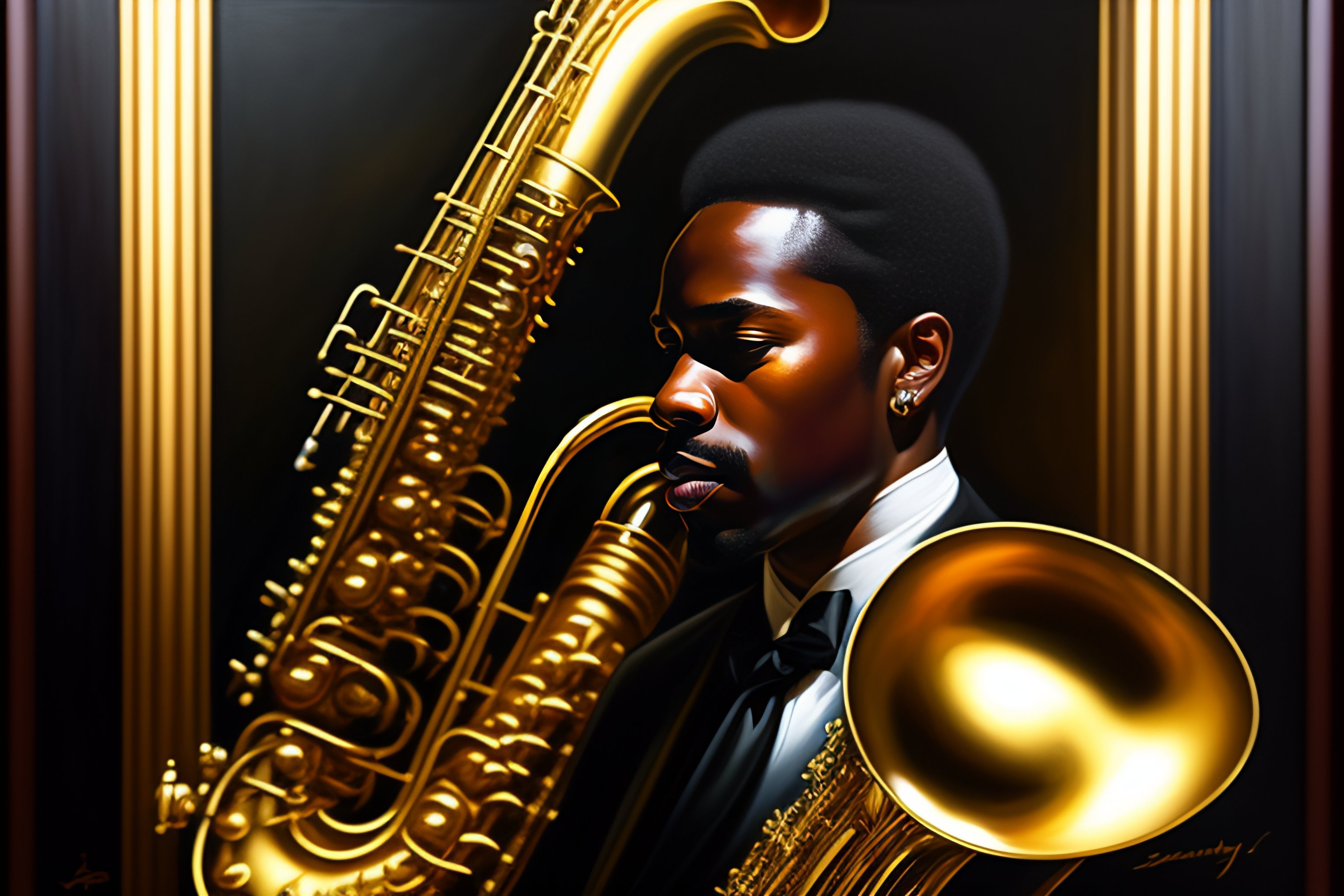 Lexica Black jazz saxophonist playing a golden saxophone oil painting