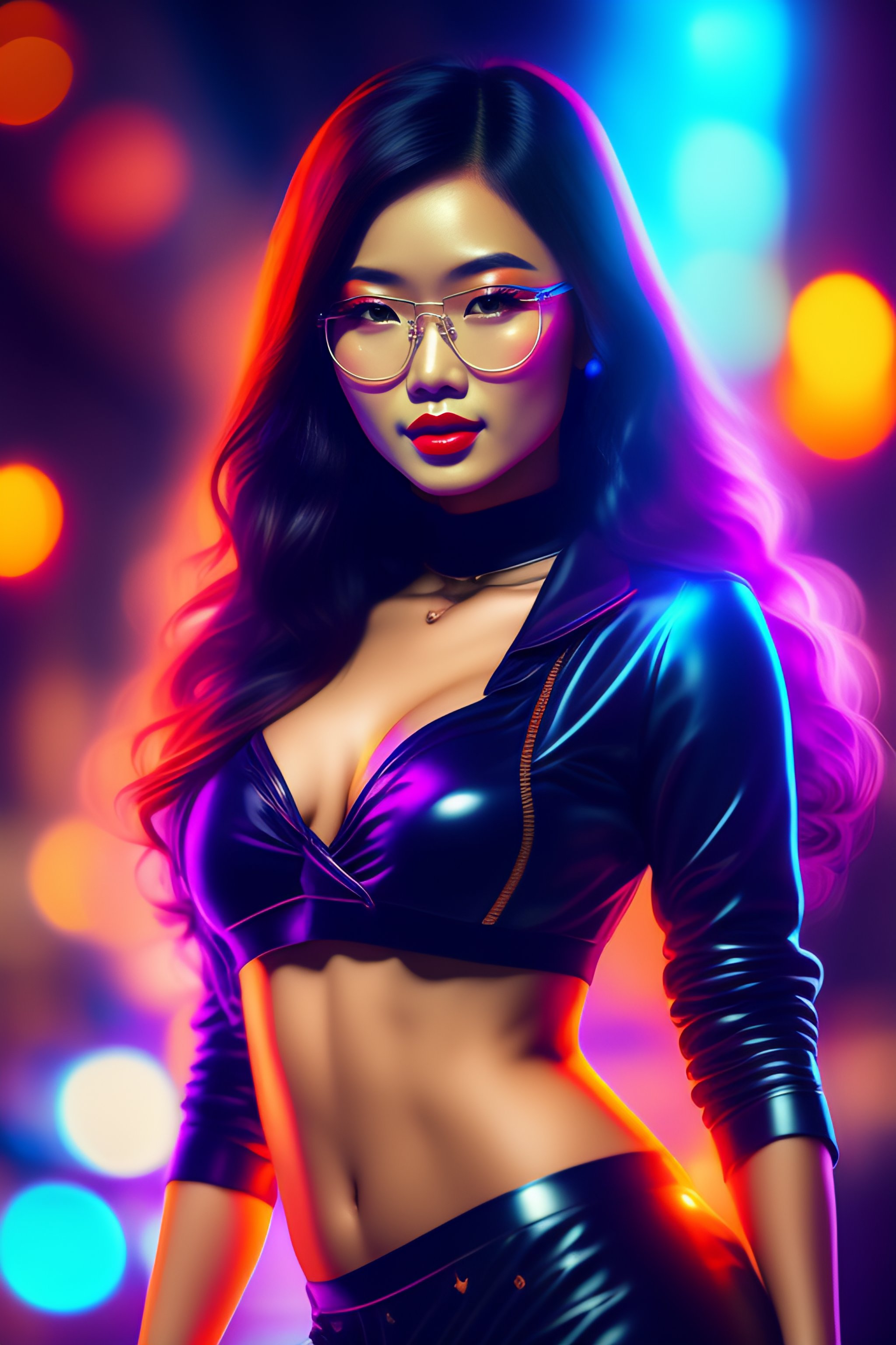 Lexica - Digital painting of a sexy Asian girl, full body, wearing glasses,  face of Riko Nagai, in a dancing club, 4k, fine details, intricate, Clutt...