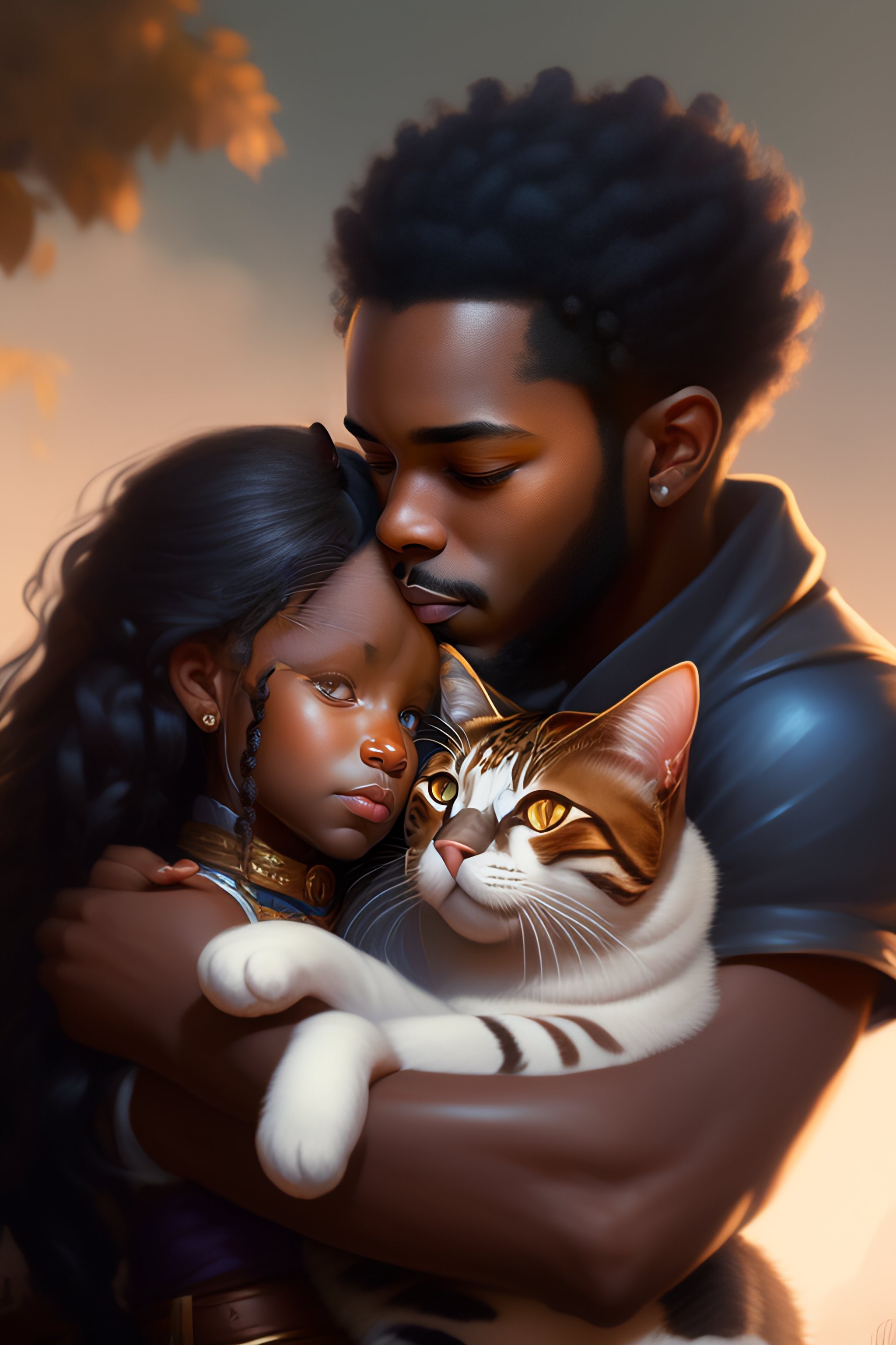 Lexica - A detailed portrait of a cute calm black guy hugging a tabby ...