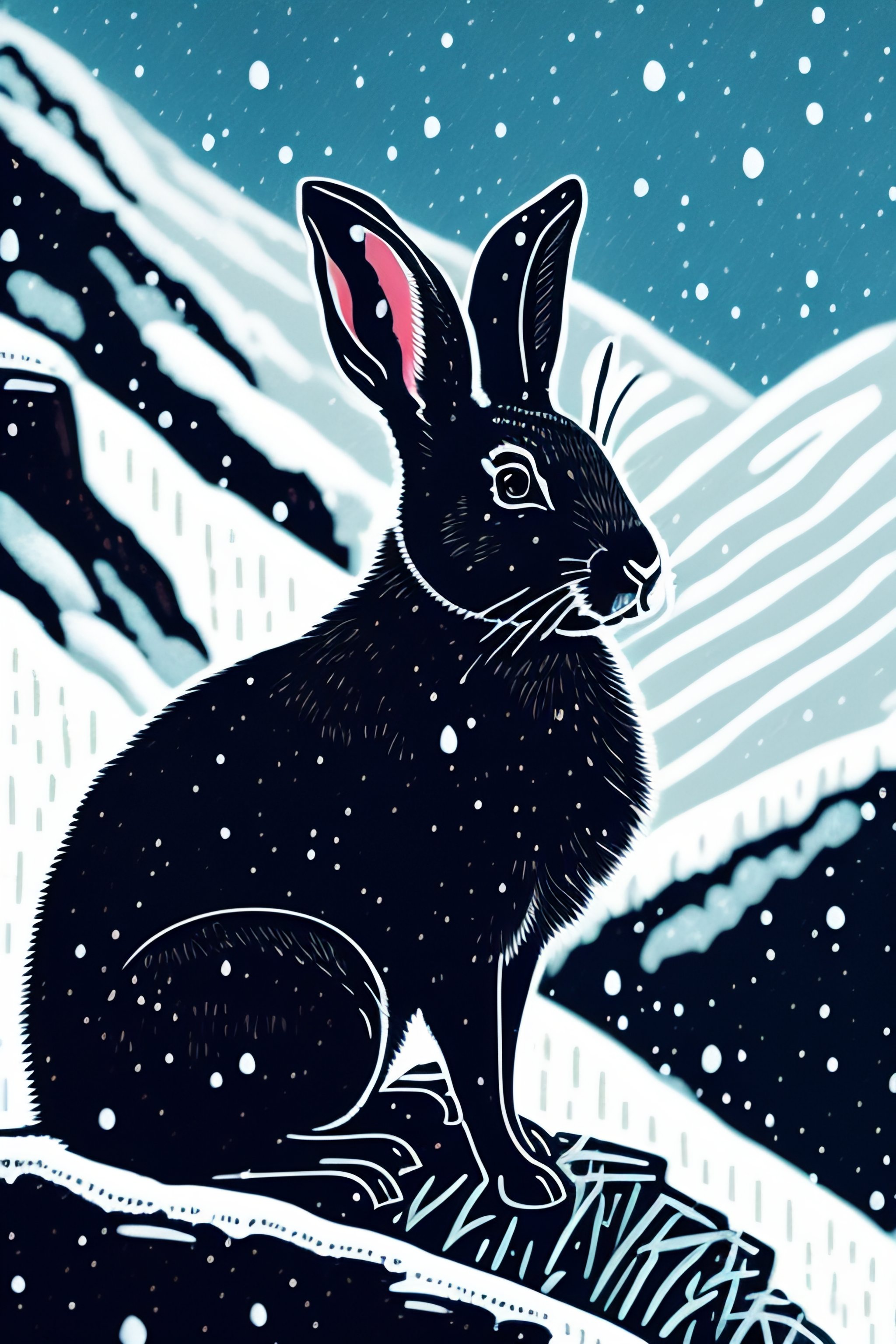 Lexica - A linocut paper print of a rabbit on top of a mountain in a ...