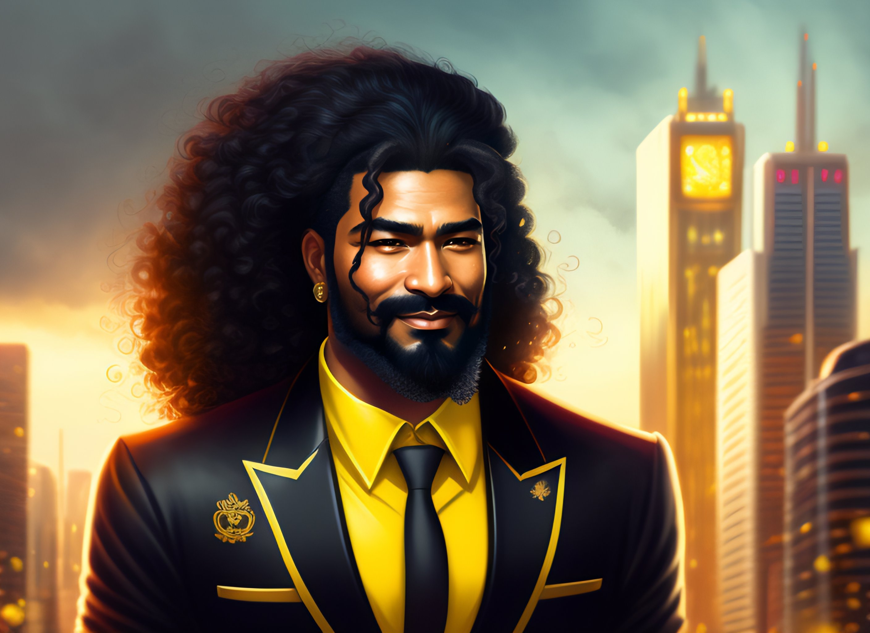 Lexica - Anime warrior king, 42 years old, black long hair, long curly  hair, having a short go tee ,yellow eyes, full beard perfectly trimmed,  wearin