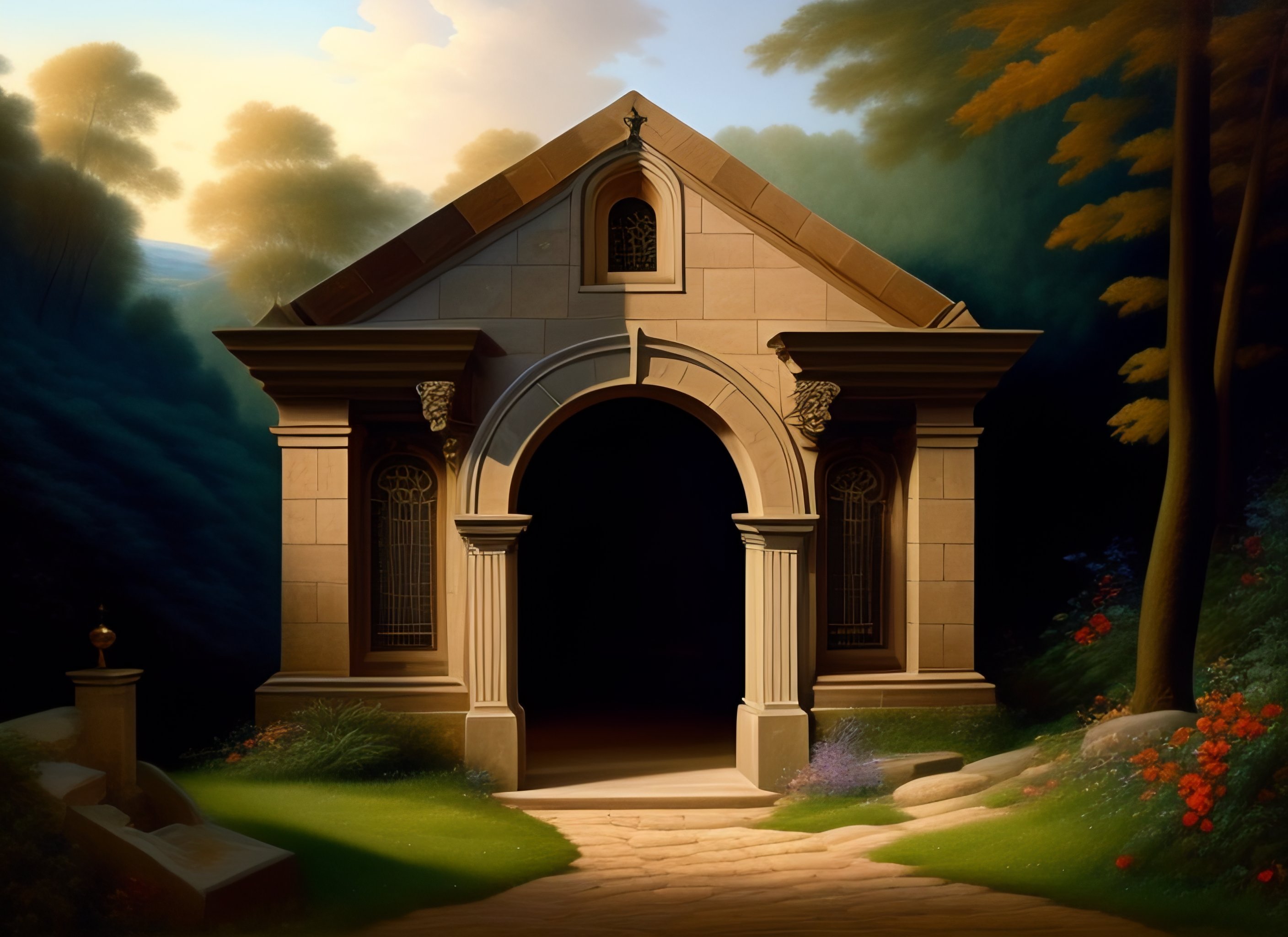 Lexica Entrance to a family crypt built into a hillside, painting