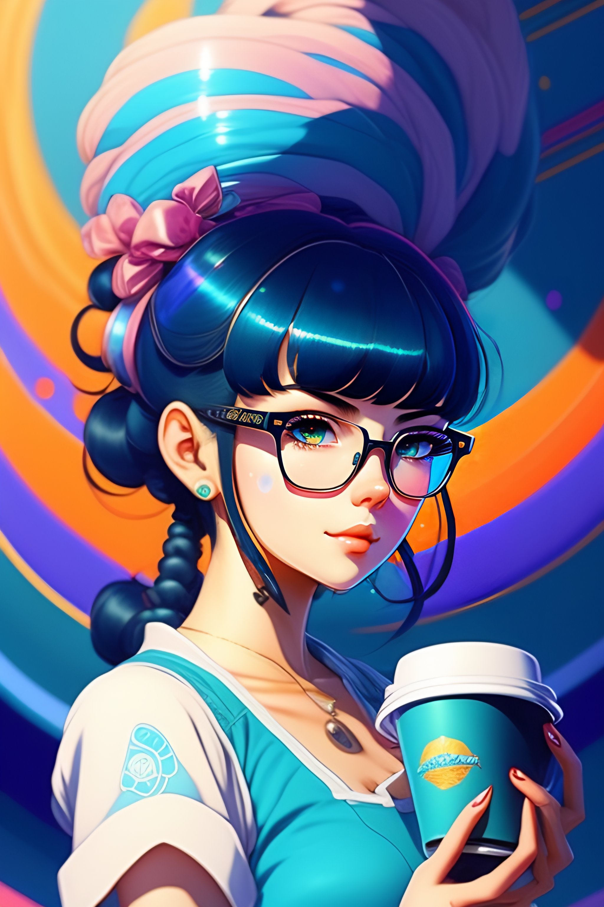 Lexica - Bulma as an cute girl in blue dress black hair black wayfarer  glasses sitting psychedelic patterns inside cafe holding cup of coffee with  ba...