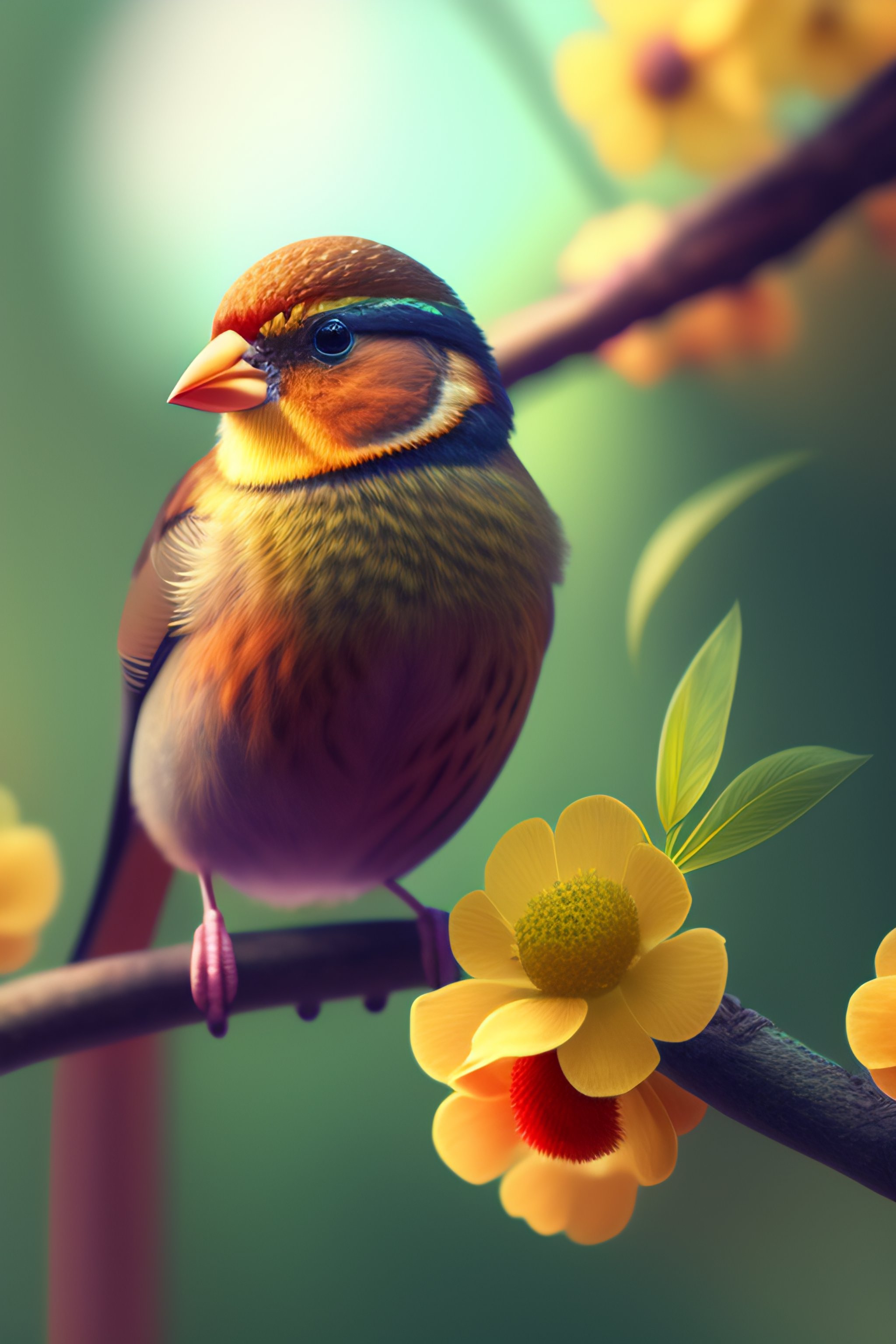 Lexica - A tiny finch on a branch with spring flowers on background:1.0 ...