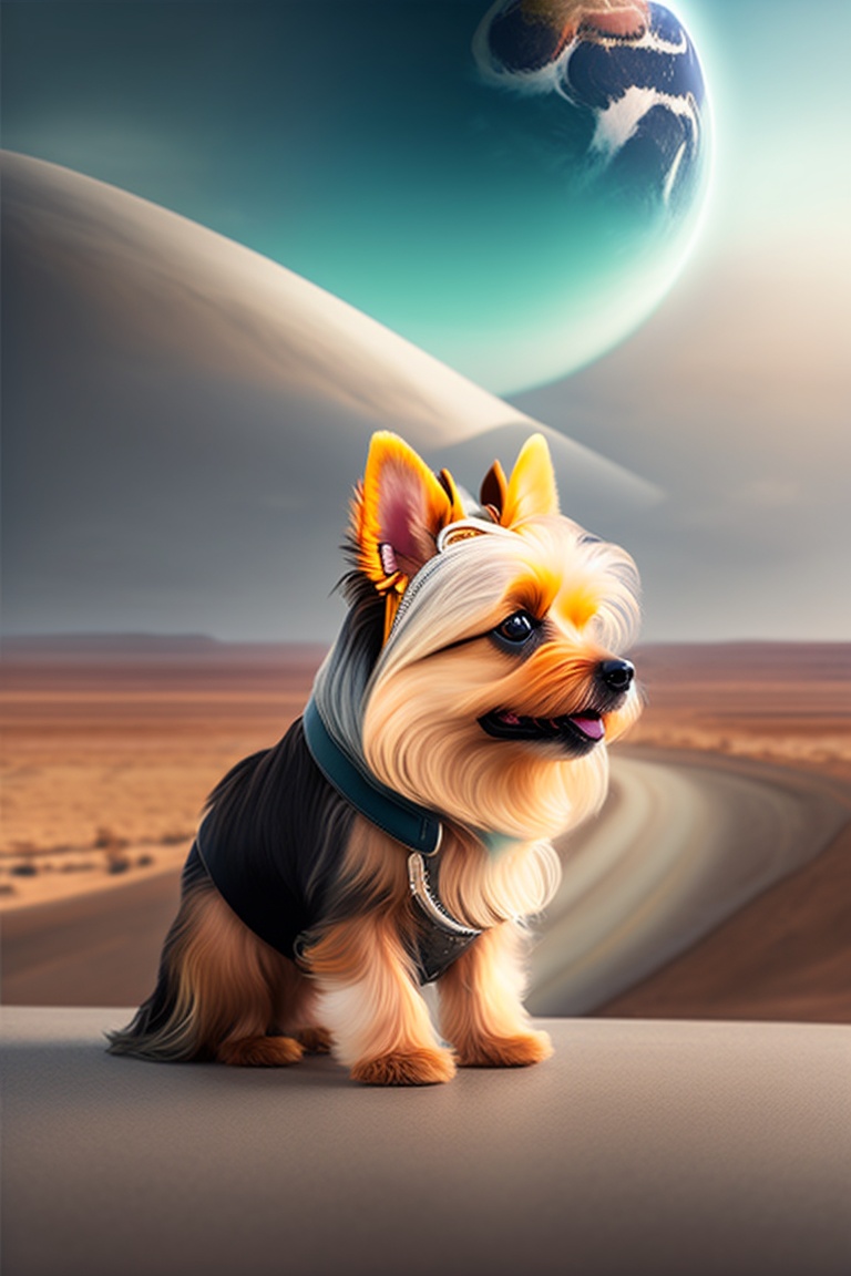 Lexica - Yorkshire terrier alien invading earth, background city destroied