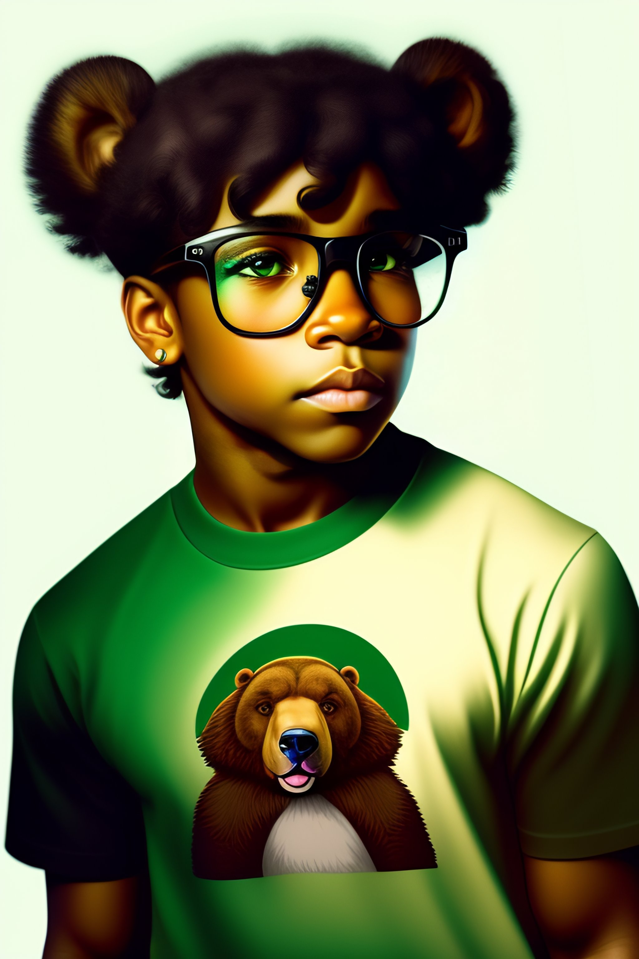 Lexica - A brown bear with green eyes and anime hear wearing white t ...