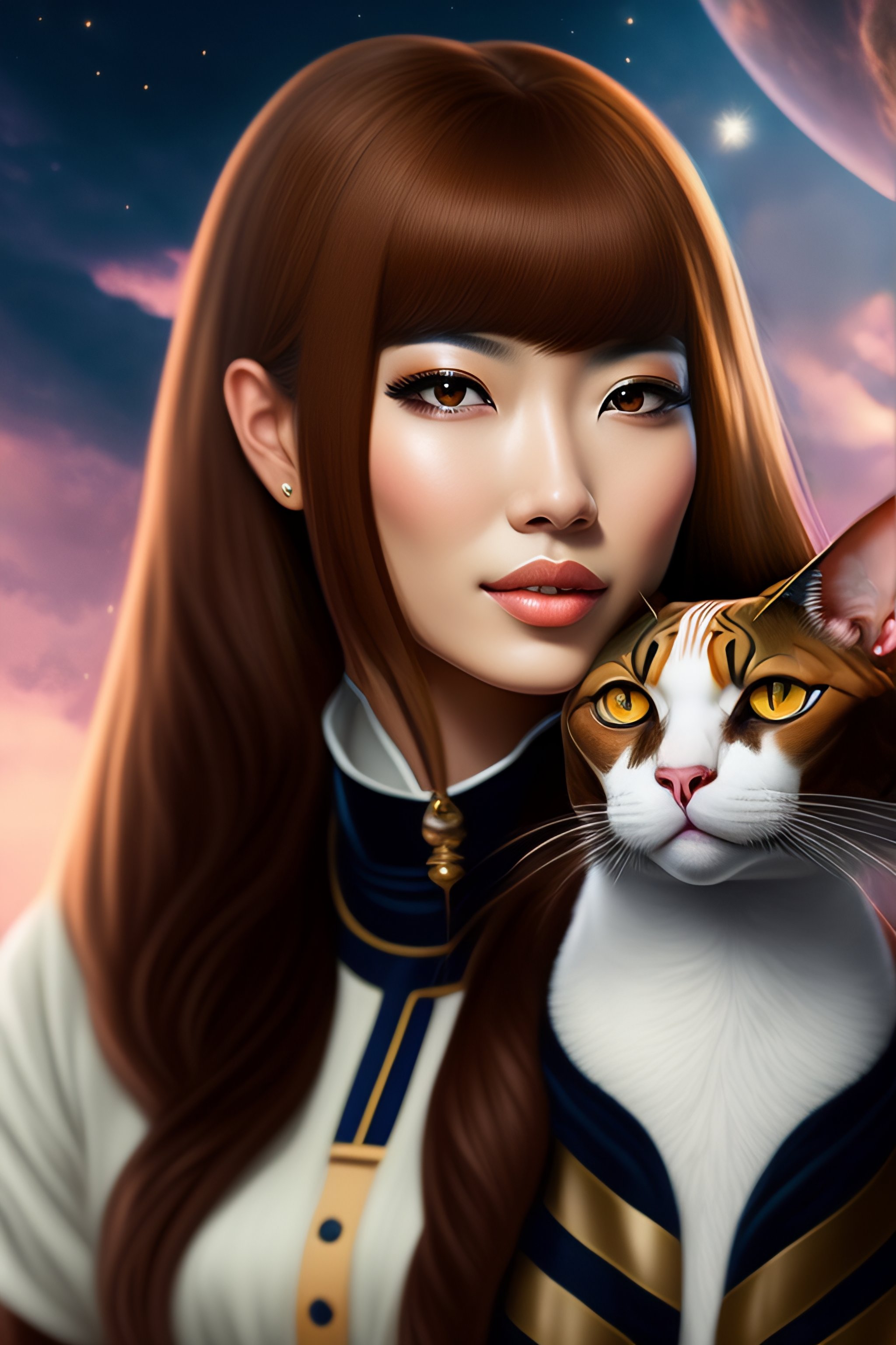 Lexica - Anime girl with brown hair with a sphinx cat