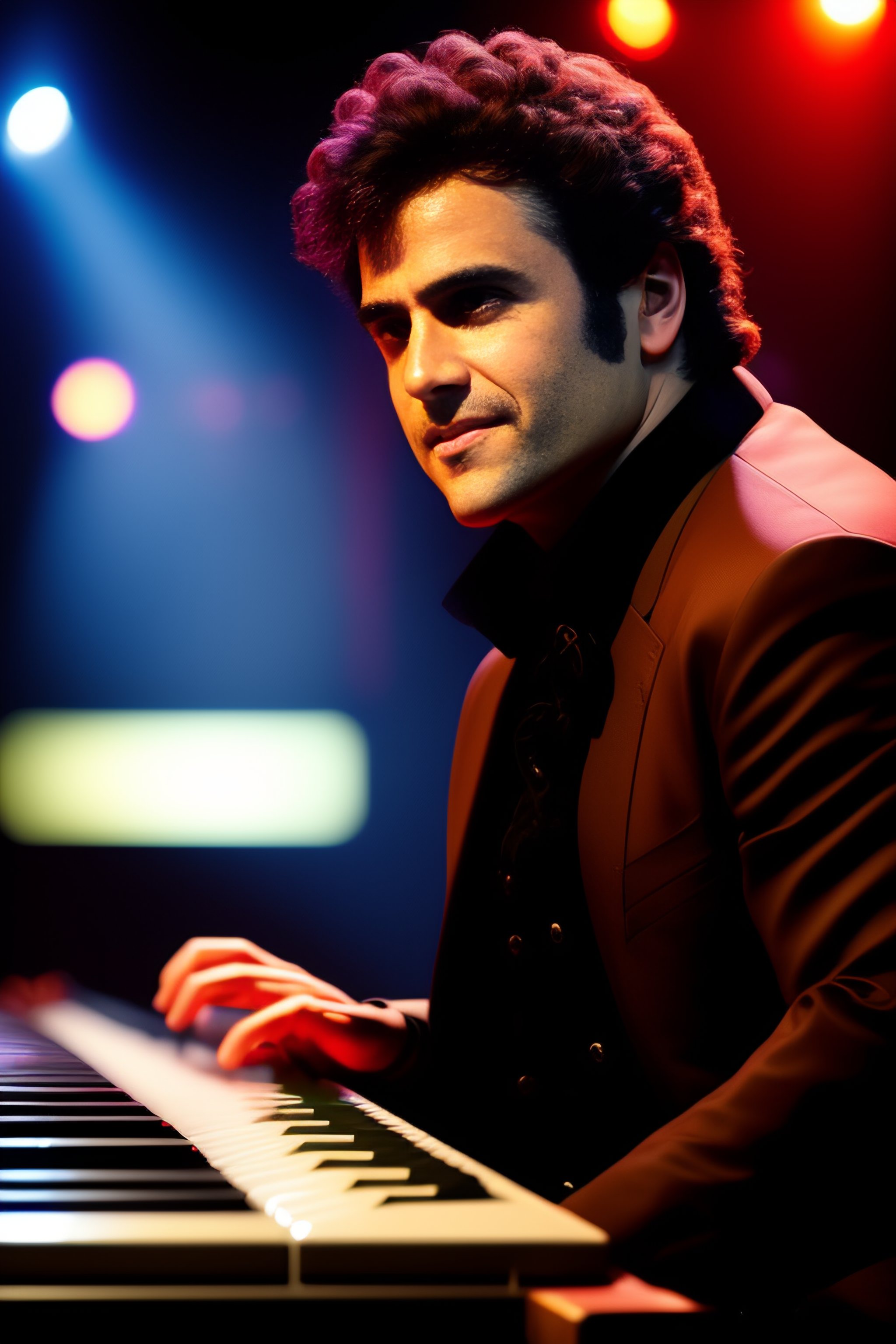 Lexica - Rock man keyboardist on a stage. He is Caucasian with very ...