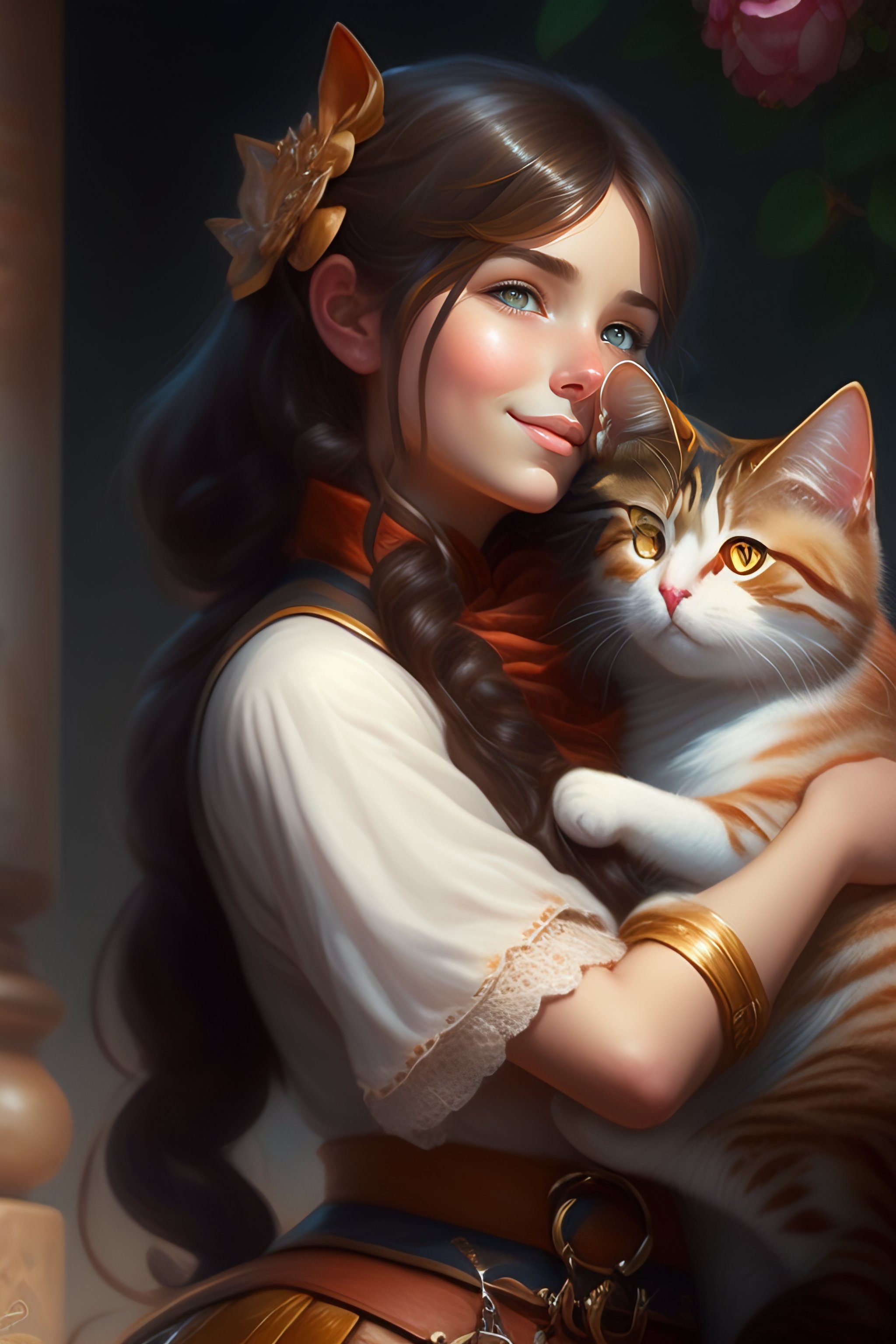 Lexica - A detailed portrait of a cute brunette girl hugging a tabby ...