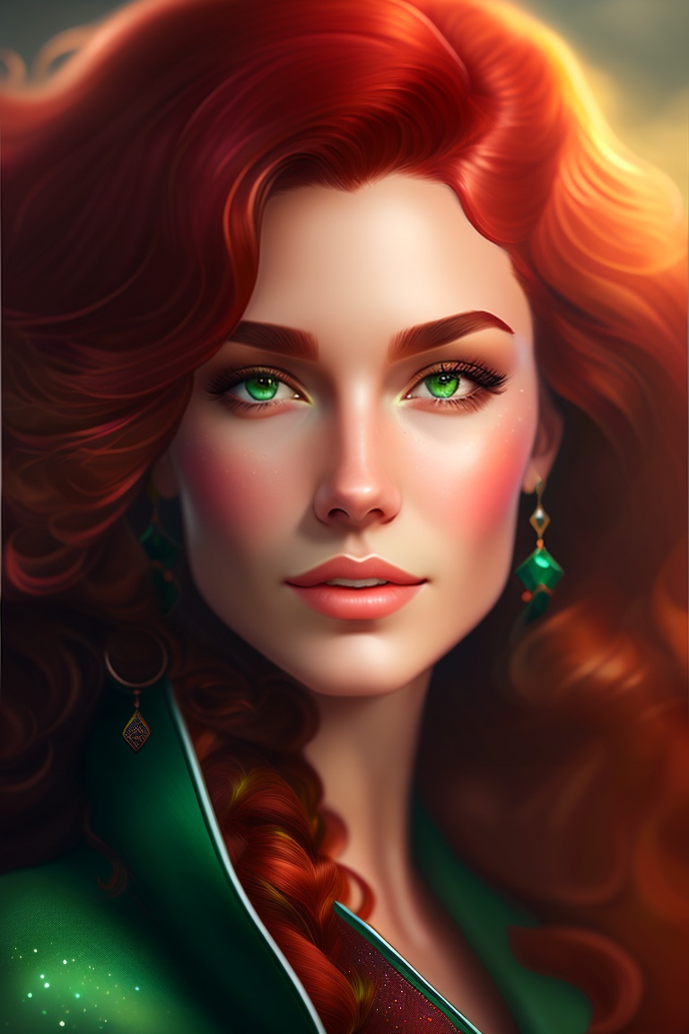 lexica-woman-dark-red-wavy-hair-green-eyes-freckles