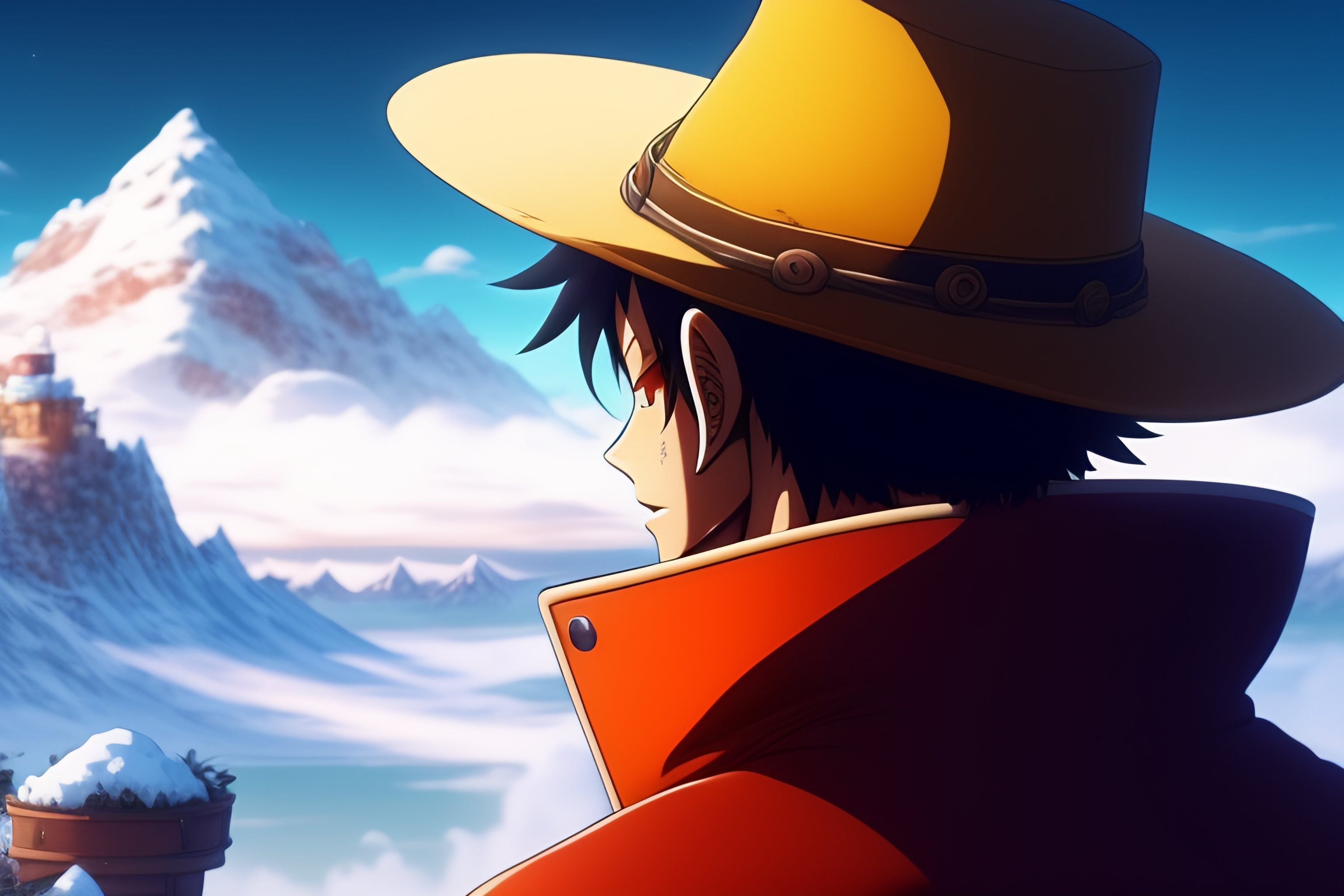 Lexica Luffy from one piece sitting on a roof looking up to the sky